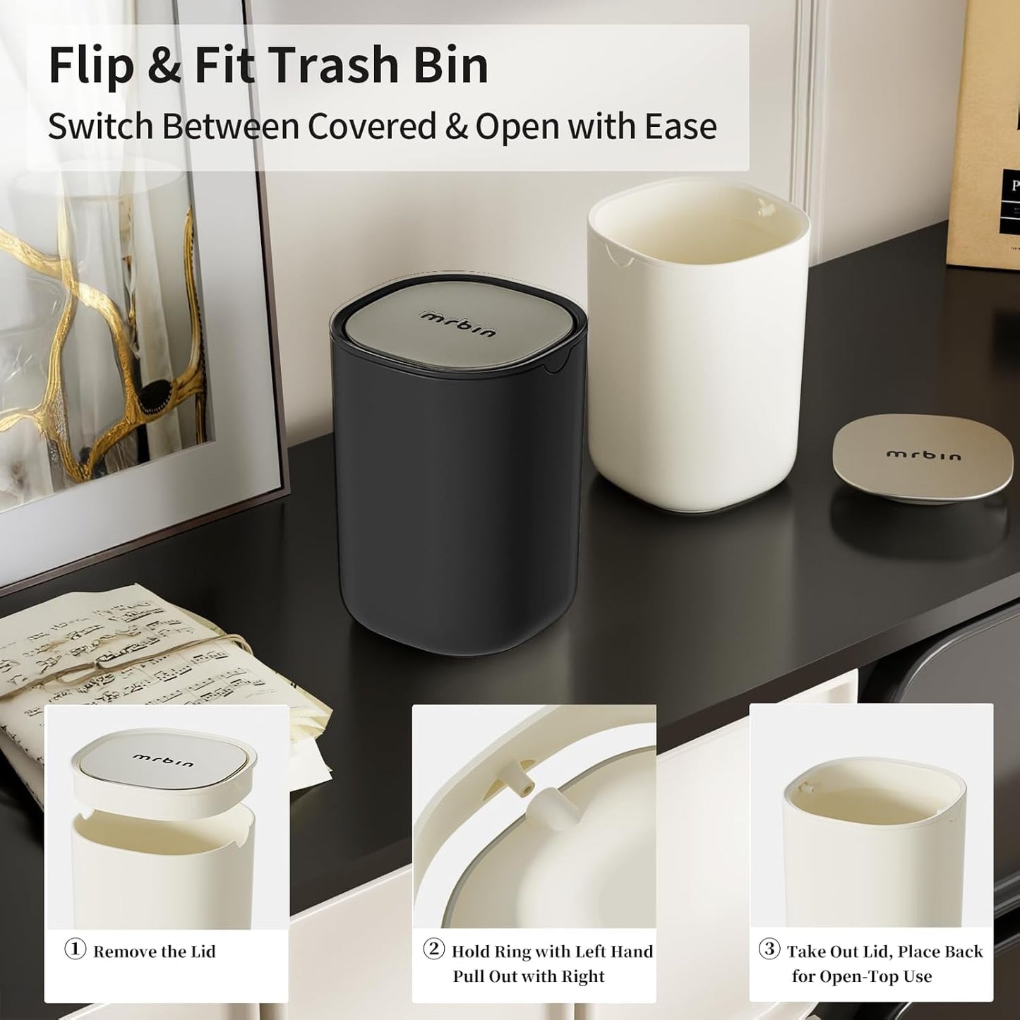 MRBIN Desk Mini Car Trash Can, 0.4 Gallon Table Top Plastic Waste Basket with Stainless Steel Lid, Small Garbage Bin for Bedroom, Coffee Bar, Vanity Countertop, Black