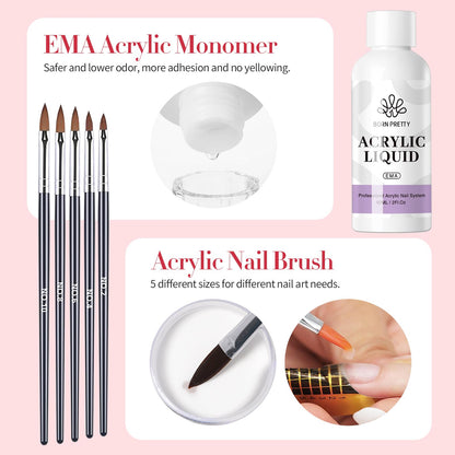 BORN PRETTY Acrylic Nail Kit - Acrylic Powder (Clear, White, Pink) & Liquid Set with Nail Forms, Brush Pen, File & Glass Container - Beginner Friendly