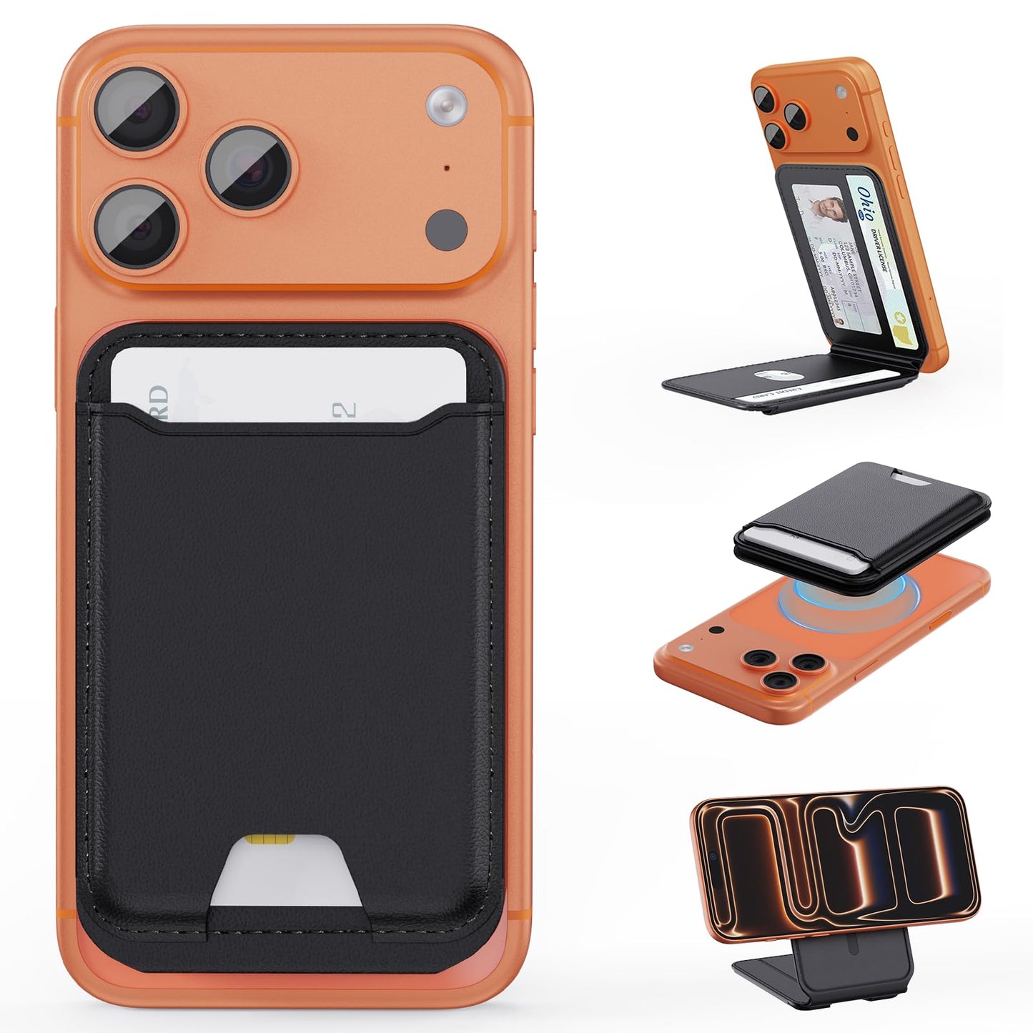 TopMade for MagSafe Wallet with Adjustable Stand, Magnetic Phone Card Holder for iPhone 17/16/15/14/13/12 Series, RFID Blocking Premium Leather, ID Window, Holds 5 Cards, Black
