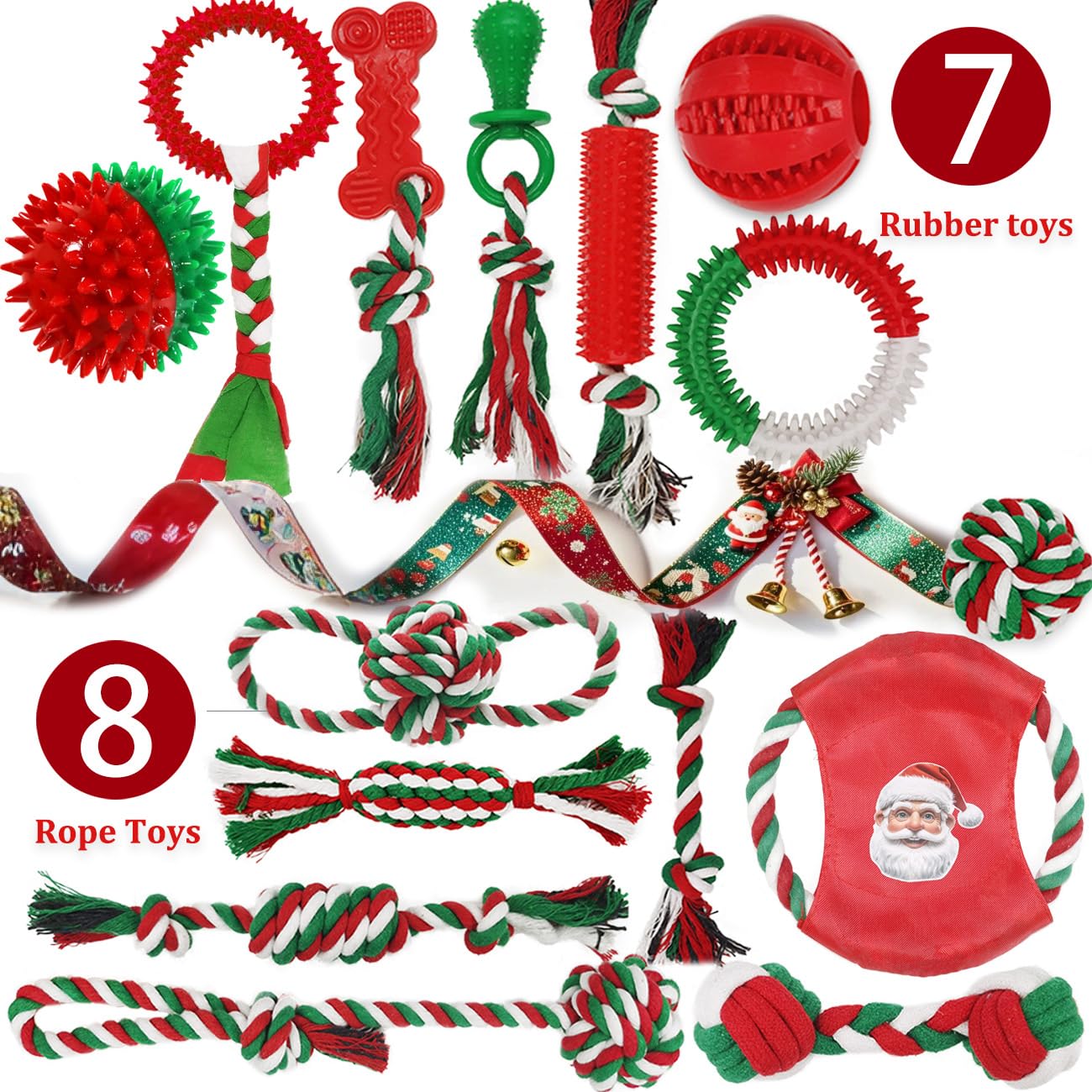 Christmas Dog Toys 15 Pack, Puppy Rubber Chew Toys with Rope Toys Set, Interactive Tough Christmas Gifts Box for Dogs, Training Playing Teething Busy Toys Bulk for Holiday Puppies Presents