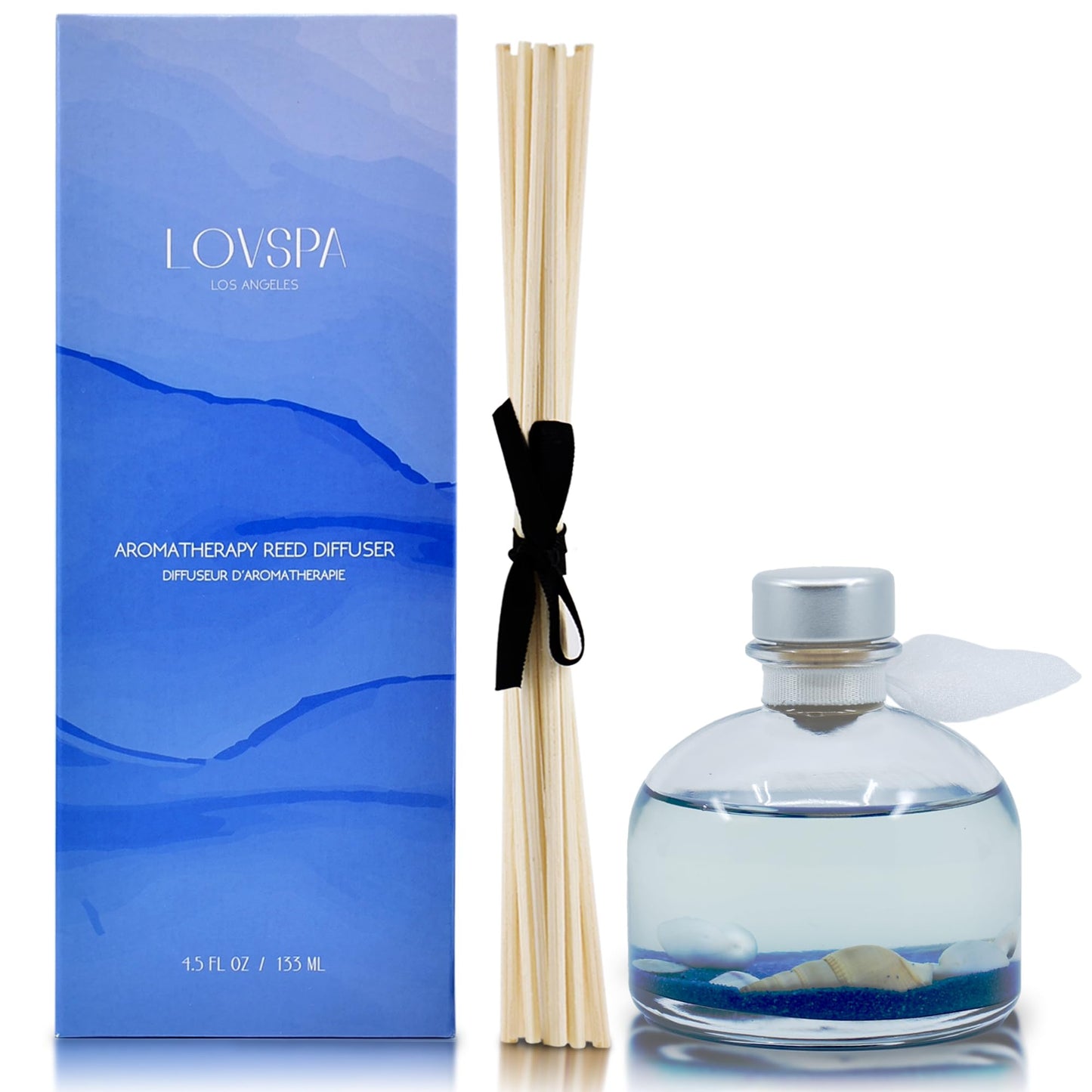 LOVSPA Reed Diffuser Set, Escape Beach Getaway Scented Oil Diffuser with Sticks, Home Fragrance Accessories for Bathroom Shelf Decor, Aroma Diffusers for Home or Office Desk, USA Made