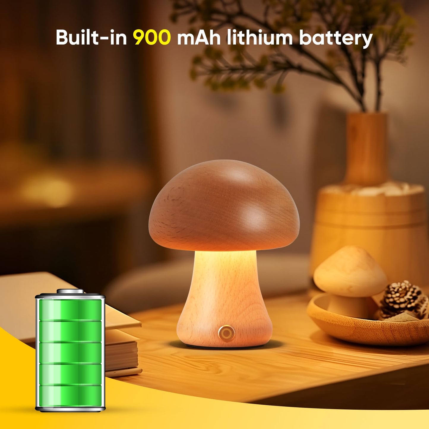 LONRISWAY Creative Wood Mushroom Table Lamp, Portable Cordless Small Lamp, Rechargeable Battery Operated Lamp,Stepless Dimming, Night Light for Birthday Gifts, Creative Home Decor Unique House Gift