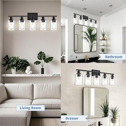Bathroom Vanity Light Fixtures,5-Light Black Wall Lights for Living Room,Bathroom Light Fixtures Over Mirror,Wall Lamps for Bedroom with Clear Glass Shade for Hallway,Kitchen,Cabinet