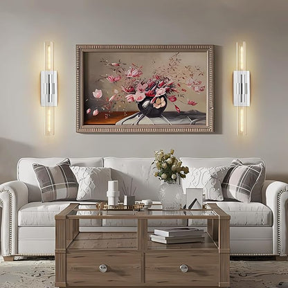 Chrome Wall Sconces Set of 2, 22.8" Bathroom Sconces, Indoor Sconces Lighting with Glass, Nickel Vanity Lights with Tube, Dimmable Bedroom Bedside Wall Light for Dressing Table Staircase