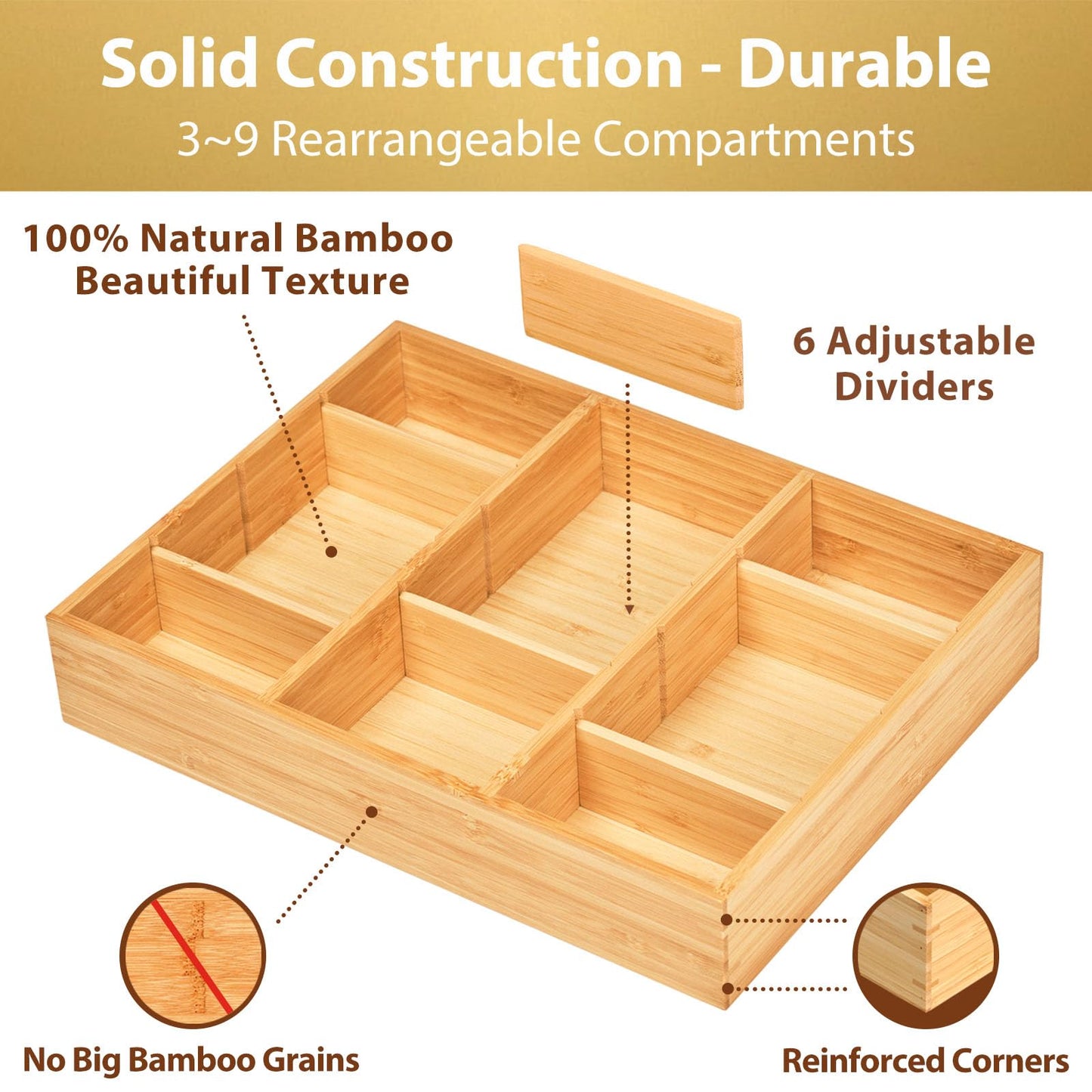 Umilife Bamboo Desk Drawer Organizer, Wood Junk Organizer Tray with Adjustable Dividers, Anti-Skip Storage Organization in Office Bathroom Drawer for Vanity, Makeup, 12" x 9"