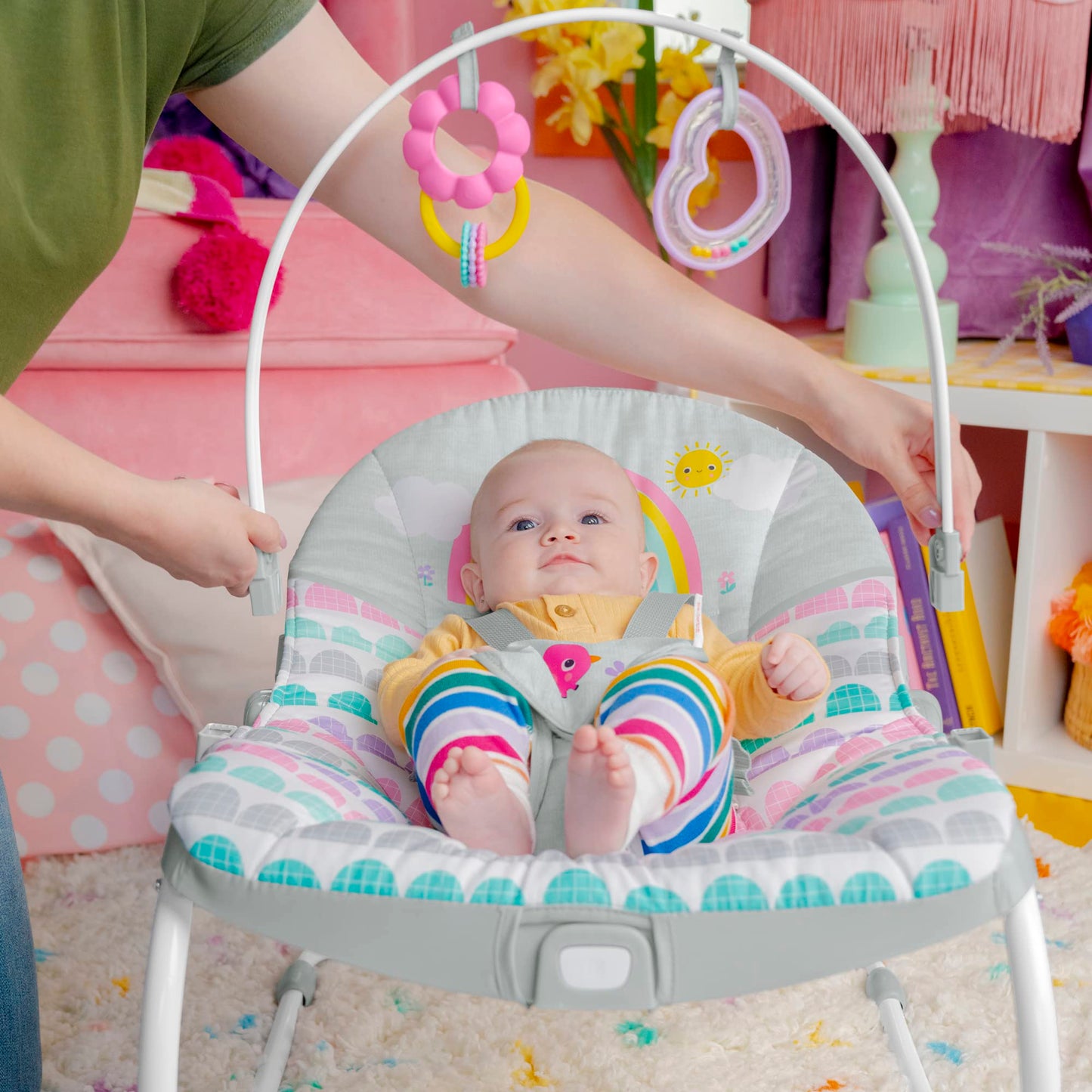 Bright Starts Rosy Rainbow Infant to Toddler Rocker with Vibrations, Baby Seat for Girl or Boy, Newborn +