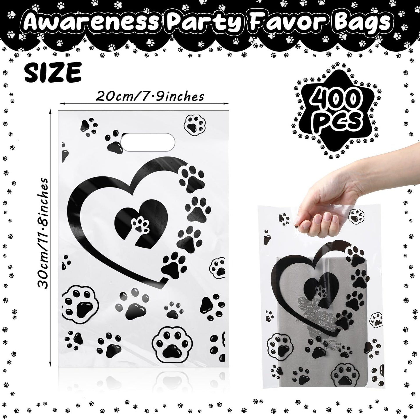 Sunnymove 400 Pcs Dog Paw Gift Bags Bulk 11.8x7.9 In Plastic Clear Puppy Treats Goodies Totes with Handle Merchandise Shopping Bag for Christmas Birthday Party Retail Business Wrapping