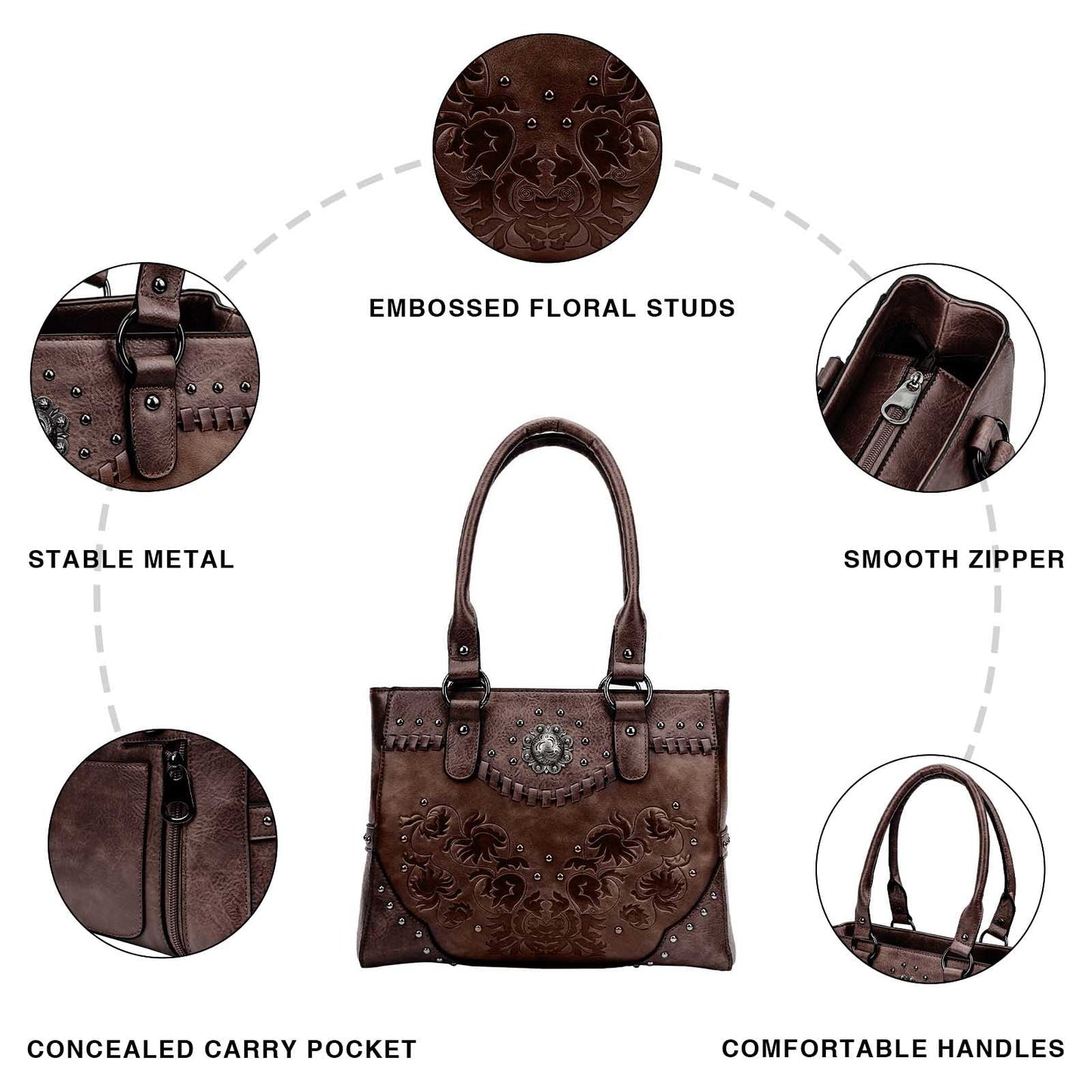 LAVAWA Tote Bag for Women Large Western Purse Ladies Top Handle Shoulder Handbags Vintage Embossed Concho Studs (Coffee