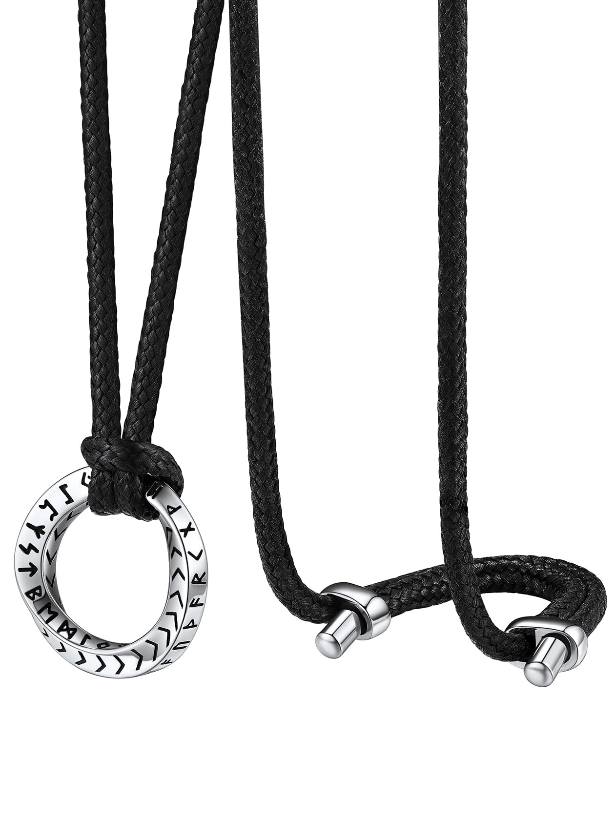 ChainsHouse Viking Runes Mobius Ring Necklace for Men, Stainless Steel Norse Rune Pendant with Adjustable Black Leather Wax Rope Chain 16-32 Inch Nordic Amulet Jewelry