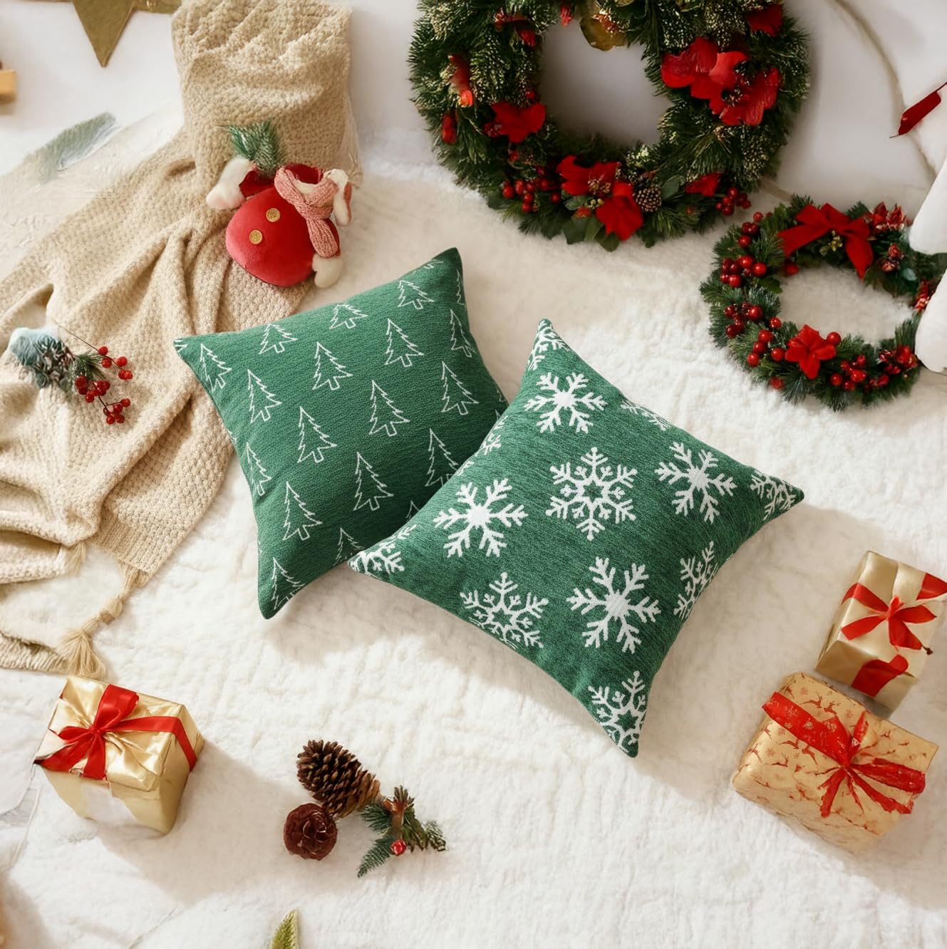 Auomily Soft Chenille Christmas Pillow Covers 18x18 Set of 2, Reversible Snowflake & Tree Pattern, Thick & Cozy Farmhouse Holiday Cushion Cases with Hidden Zipper for Sofa Couch Bed(Green,18x18)
