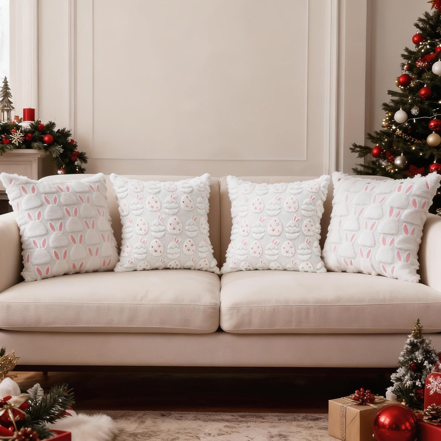 HDVUHKI Easter Throw Pillow Covers 18x18 inch Set of 4, White Pink Bunny Eggs Holiday Living Room Soft Fluffy Plush Faux Fur Wool Decorations for Sofa Couch Bed