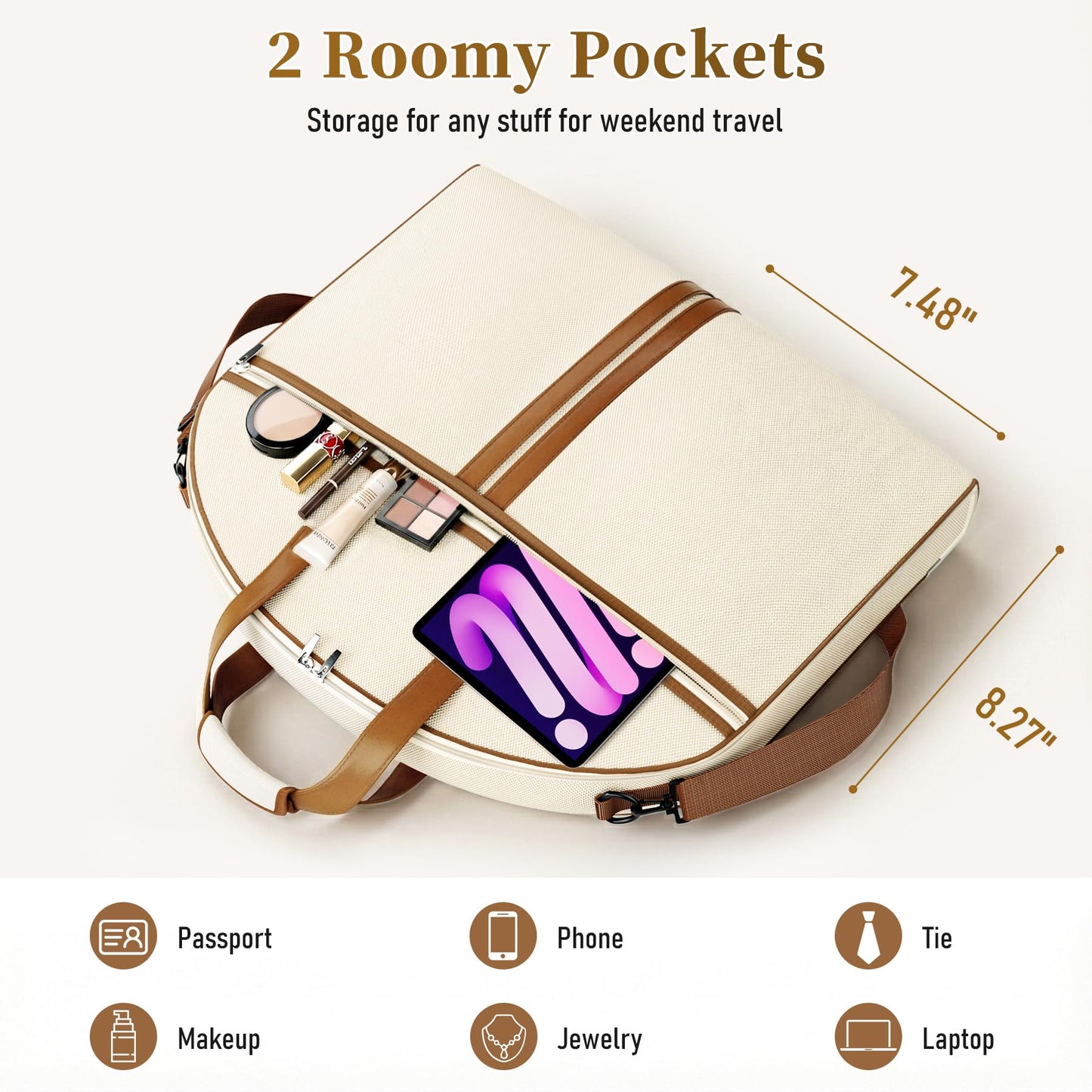 MISSLO Carry on Garment Bags for Travel for Women 56" Foldable Dress Bag with Large Pockets Bag Suit Luggage Garment Bag with Shoulder Strap for Business, Wedding, Hanging Clothes, Beige