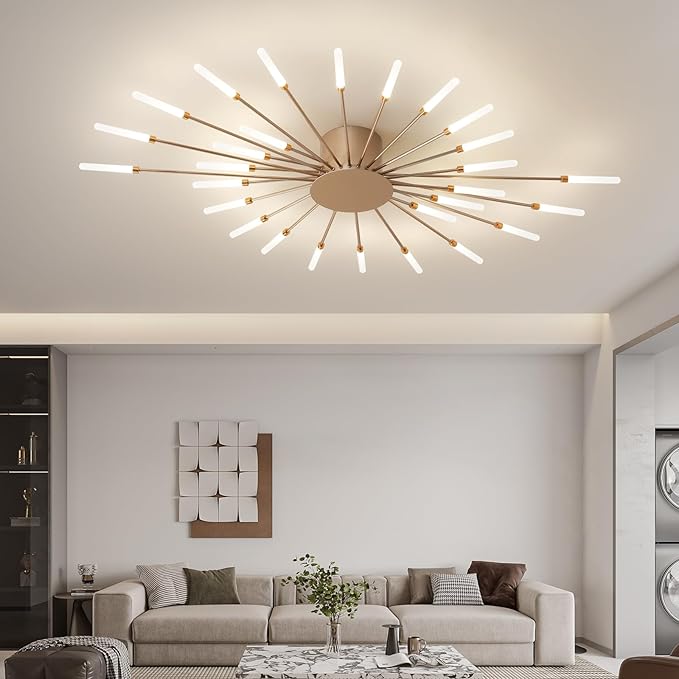 ziidoo Modern Ceiling Light, 28 Lights Metal Firework Designed Chic Led Lighting Fixture for Farmhouse Kitchen Dining Room Bedroom Hallway Living Room (Gold and Dark Gold)