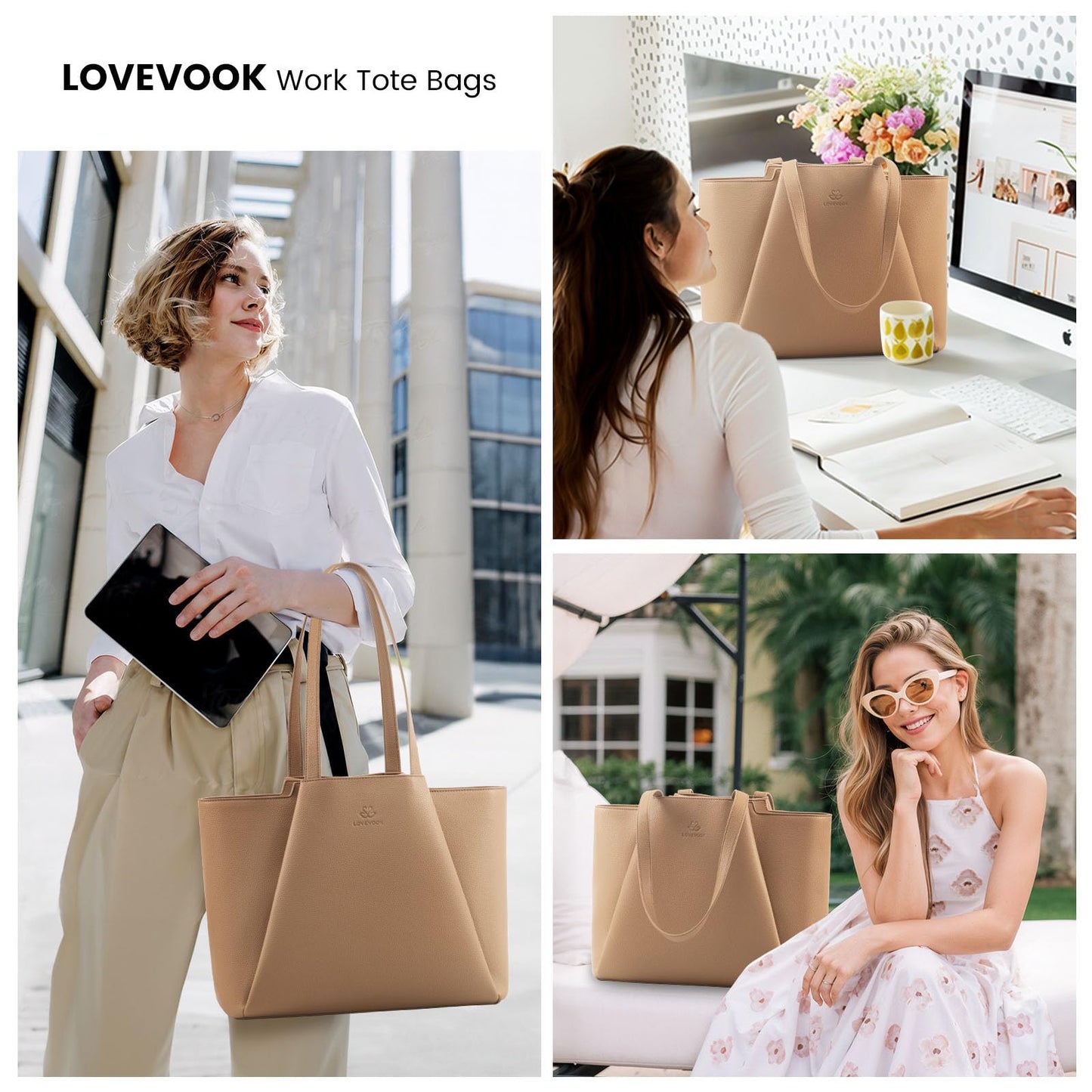 LOVEVOOK Laptop Tote for Women - 15.6 Inch Faux Leather Laptop Bag with Clutch, Large Capacity Office Purse Computer Briefcase for Casual Business Travel,Apricot