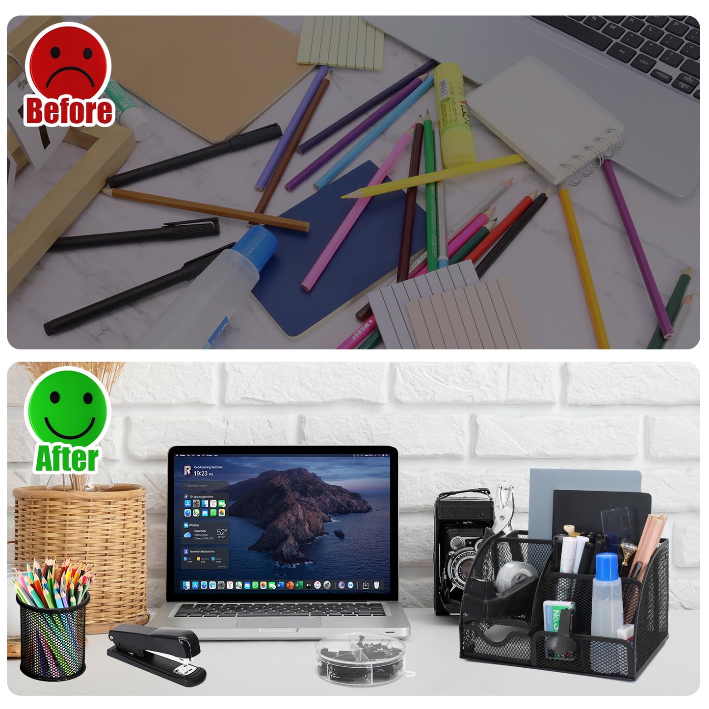 SYMDROMIA 13-in-1 Office Desk Organizer Set with Stapler and Tape Dispenser, Pen Holder, Scissors, Ruler, Hole Punch, 2 Pens & More Desktop Accessories for Back to School Supplies (Black)