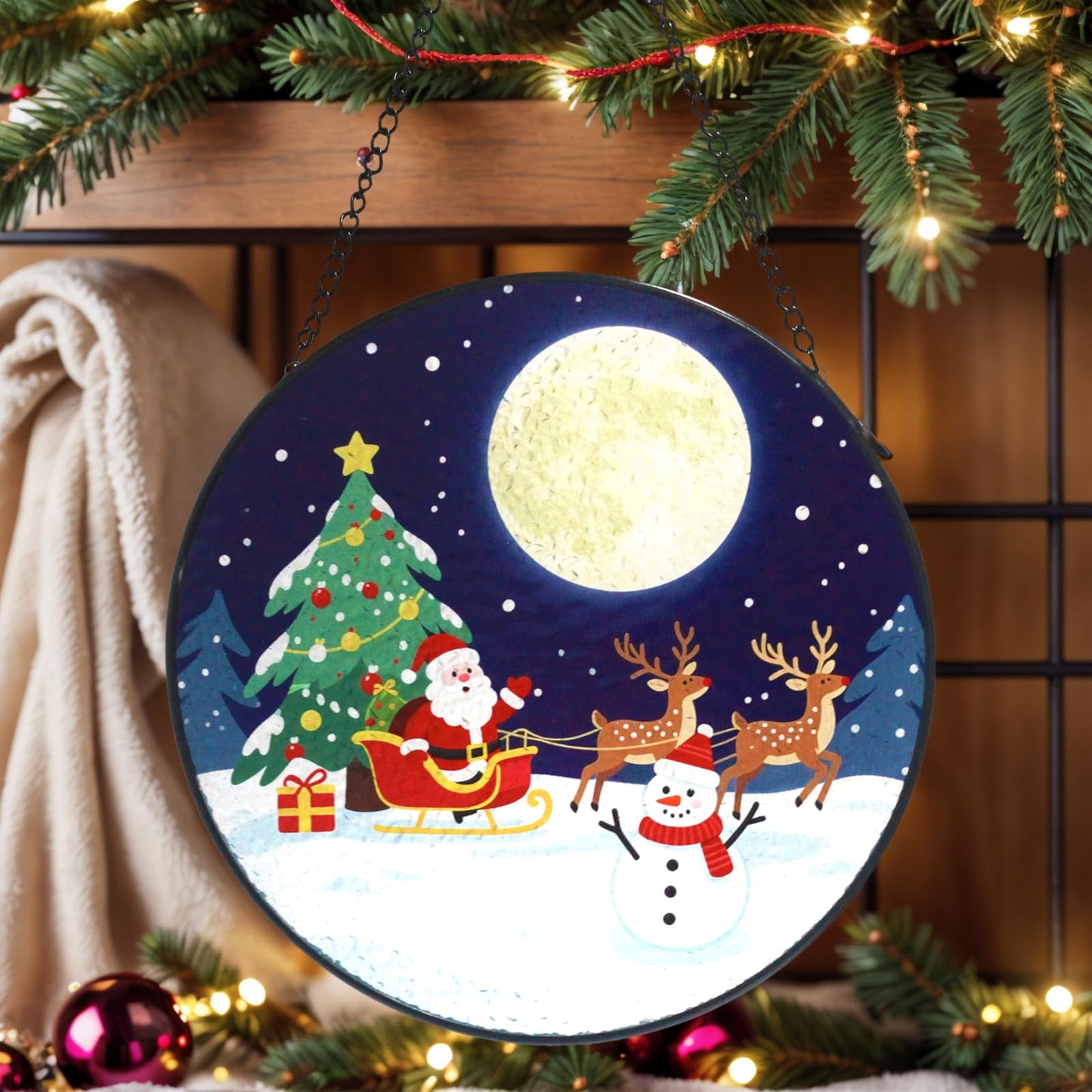 Christmas Stained Glass Suncatcher Window Decor with Santa, Reindeer, Snowman Home Decoration Indoor for Bedroom Living Room Door Wall for Women Men Friend Parent Lover, 7.8 Inch