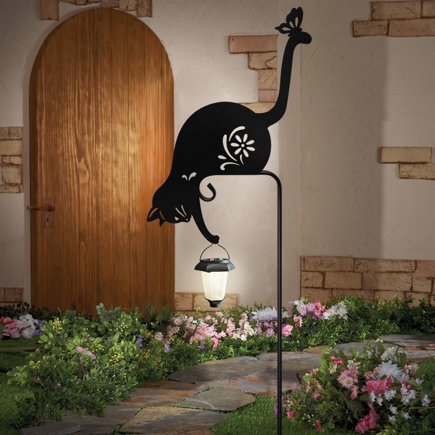 Hokfirm Cat Solar Lights Outdoor Garden, Black Cat Garden Statue,Black Cats Outdoor Decorations with Solar Lantern