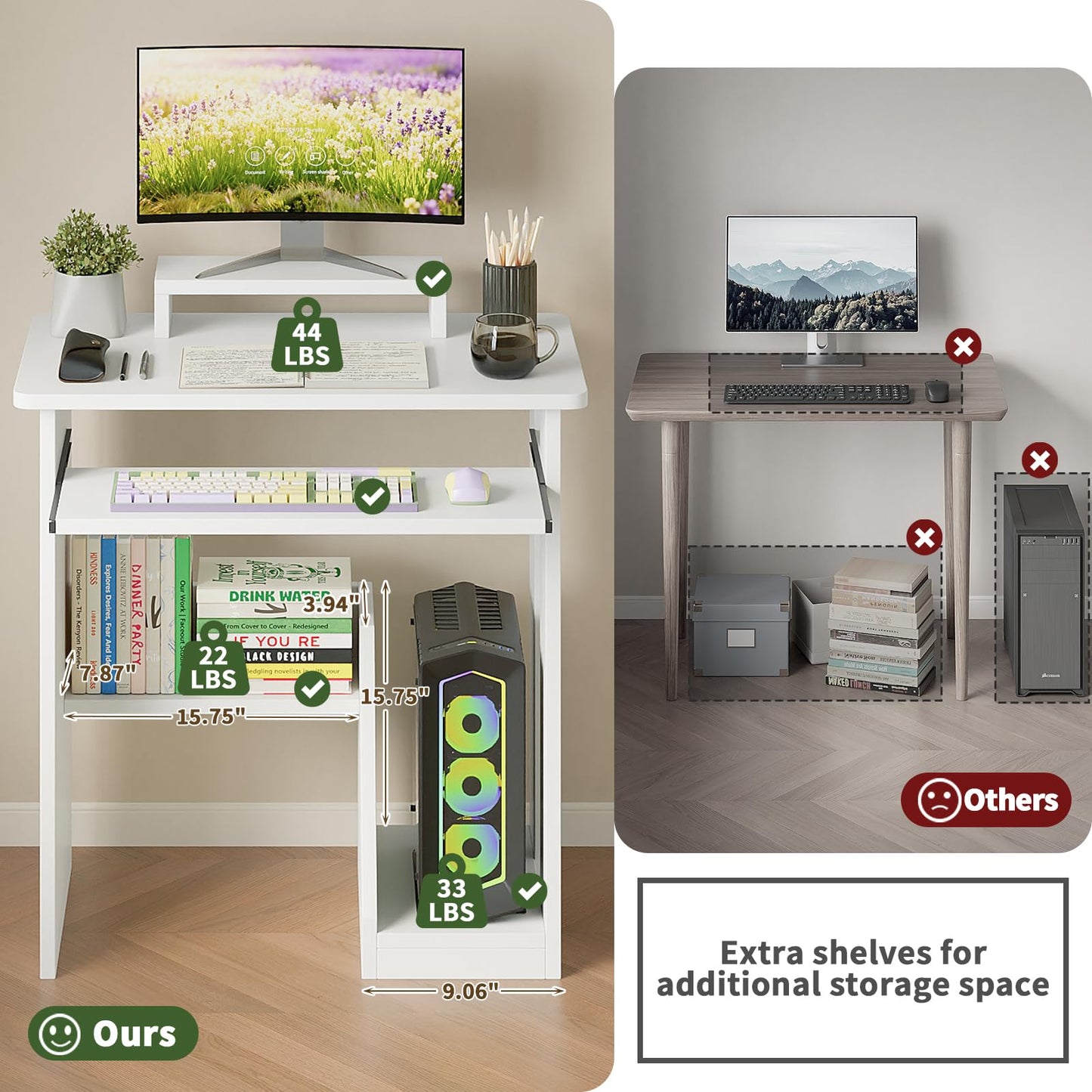 ALISENED 30" Small Computer Desk with Keyboard Tray Monitor Stand, Study Writing Desk with Storage Shelves, Modern Workstation for Small Spaces, Save Space, White