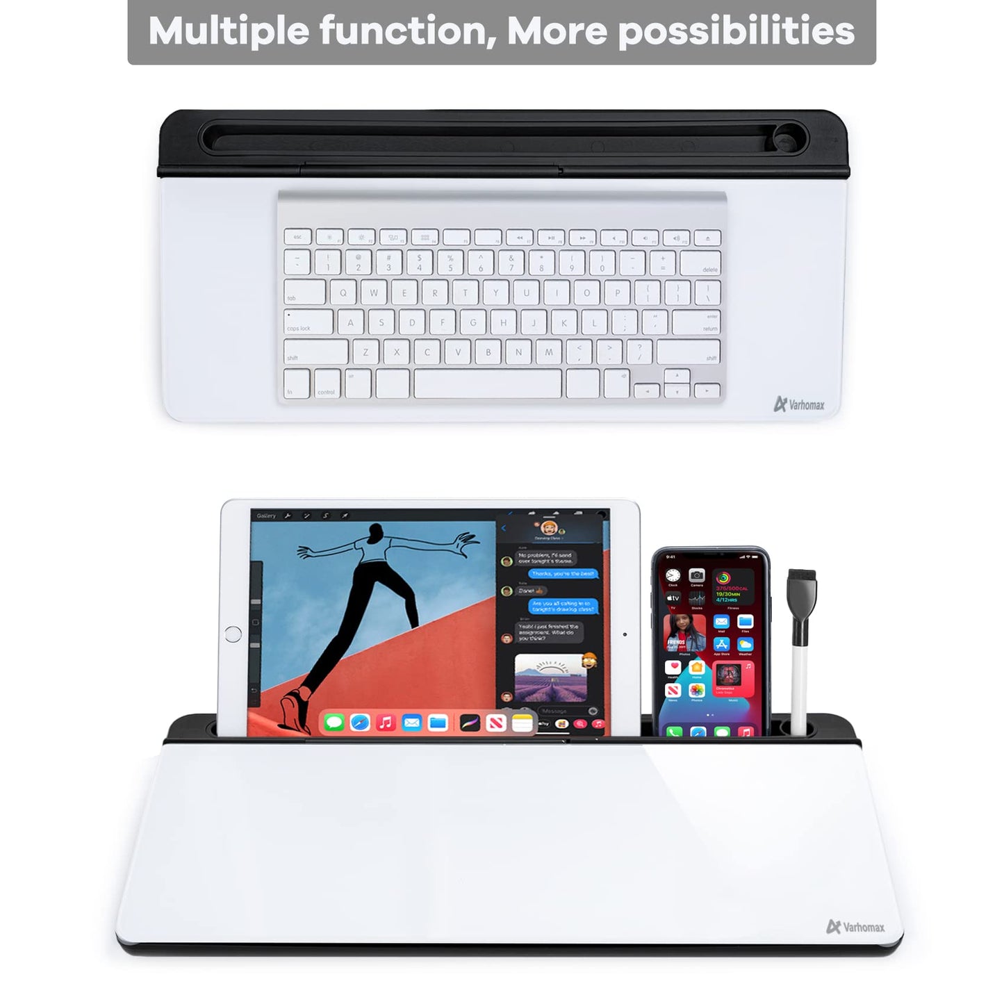 Varhomax Glass Desk Whiteboard with Storage, Desktop Organizer to-do List Memo Notepad Dry Erase White Board for Home Office and School Supplies (Black&White)