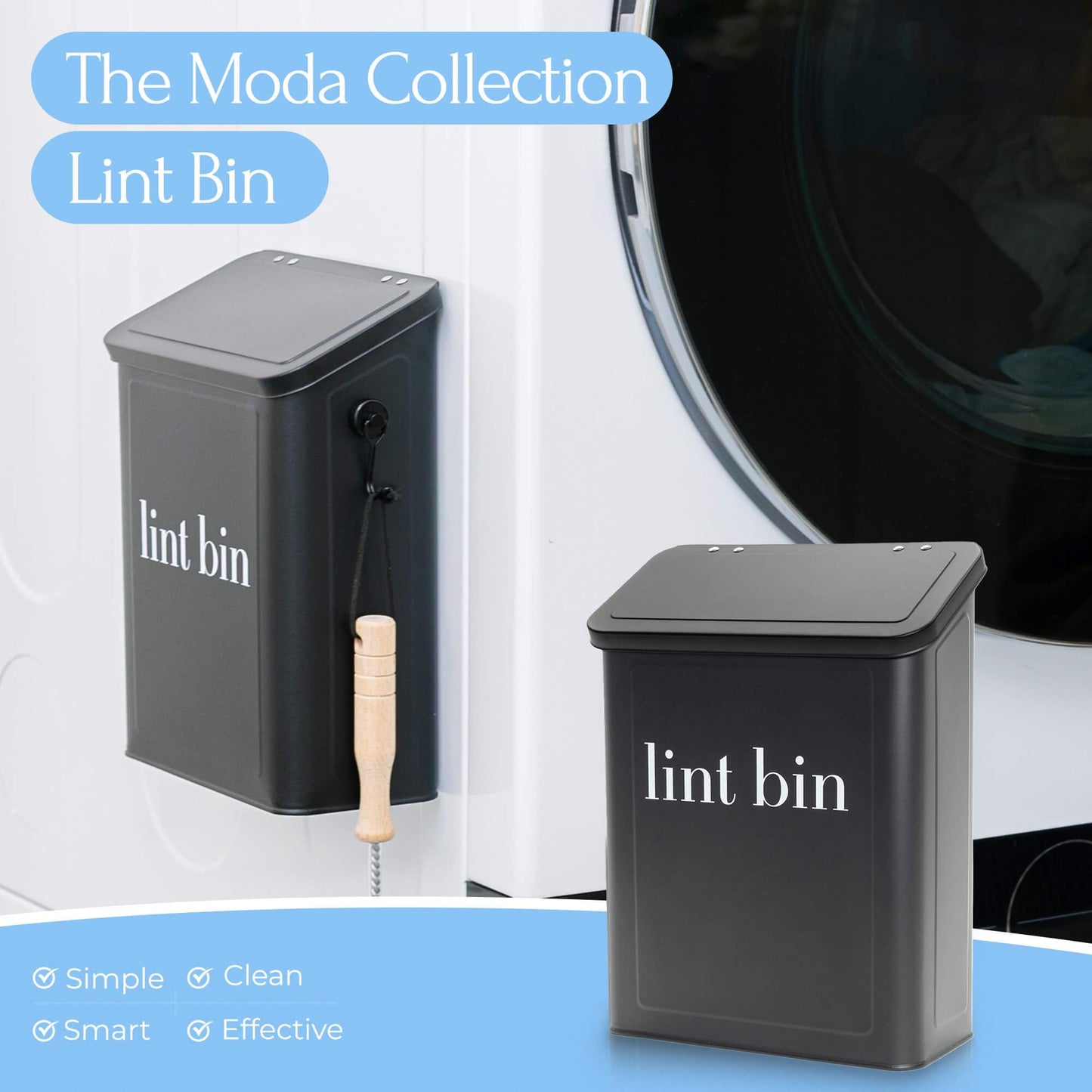 The Moda Collection Magnetic Laundry Lint Bin for Dryer | Wall-Mounted Small Trash Can for Laundry Room | Includes Magnetic Hook & Lint Brush | Space-Saving Magnetic Laundry Trash Can | Matte Black