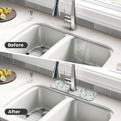 Watercolor Sage Green Grass Leaves Kitchen Sink Splash Guard Faucet Mat Super