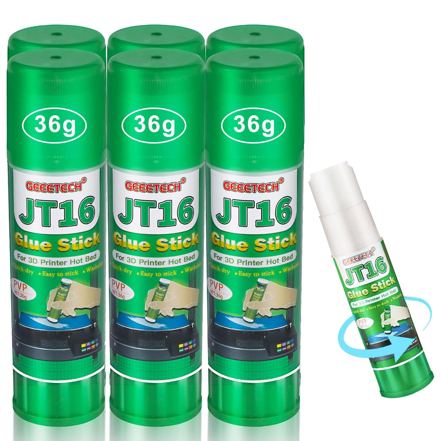 3D Printer Glue Sticks, 36 Grams Each PVP Solid Glue Sticks for Hot Bed Plate, Washable, Non-Toxic, Reduce Warping for PLA, ABS, PETG, Hips, TPU Filament on PEI, Glass, Aluminum, Buildtak Board, 6Pcs