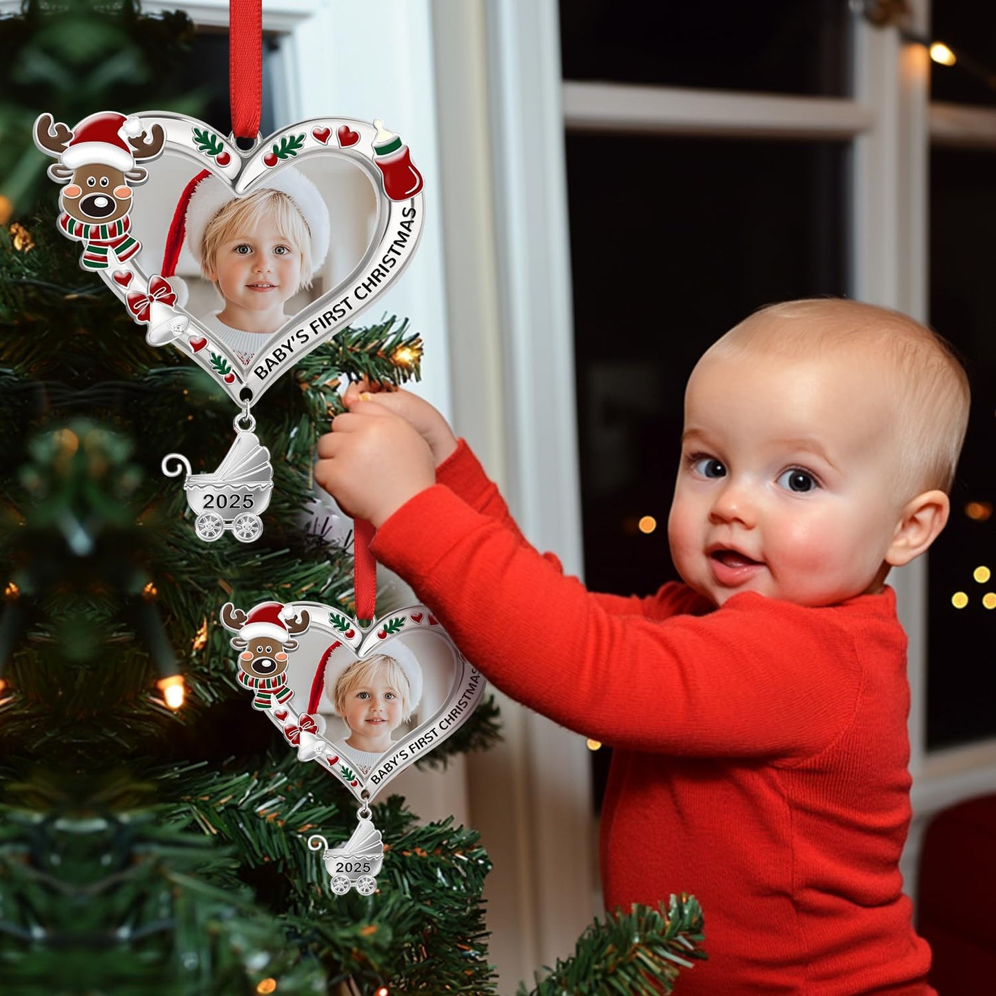 Baby's First Christmas Ornament 2025 – My First Christmas Baby Girl Boy Xmas Tree Picture Frame Reindeer Ornament 2025 – Personalized 1st Christmas Baby Ornament