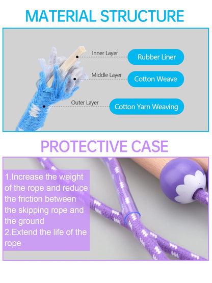 Lorvain Jump Rope for Kids, Adjustable Kids Jump Ropes for Girls Boys Toddler Fitness, Cotton Skipping Rope with Wooden Handle for Outdoor Fun Activities Exercise