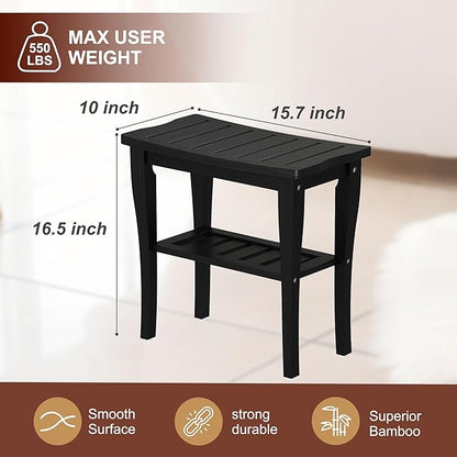 Bamboo Shower Bench Stool with Storage Shelf, Waterproof Shower Chair Spa Bath Seat, Shower Stool for Inside, Bathroom Bench Seat for Adults Elderly Seniors for Indoor or Outdoor Use(Black)