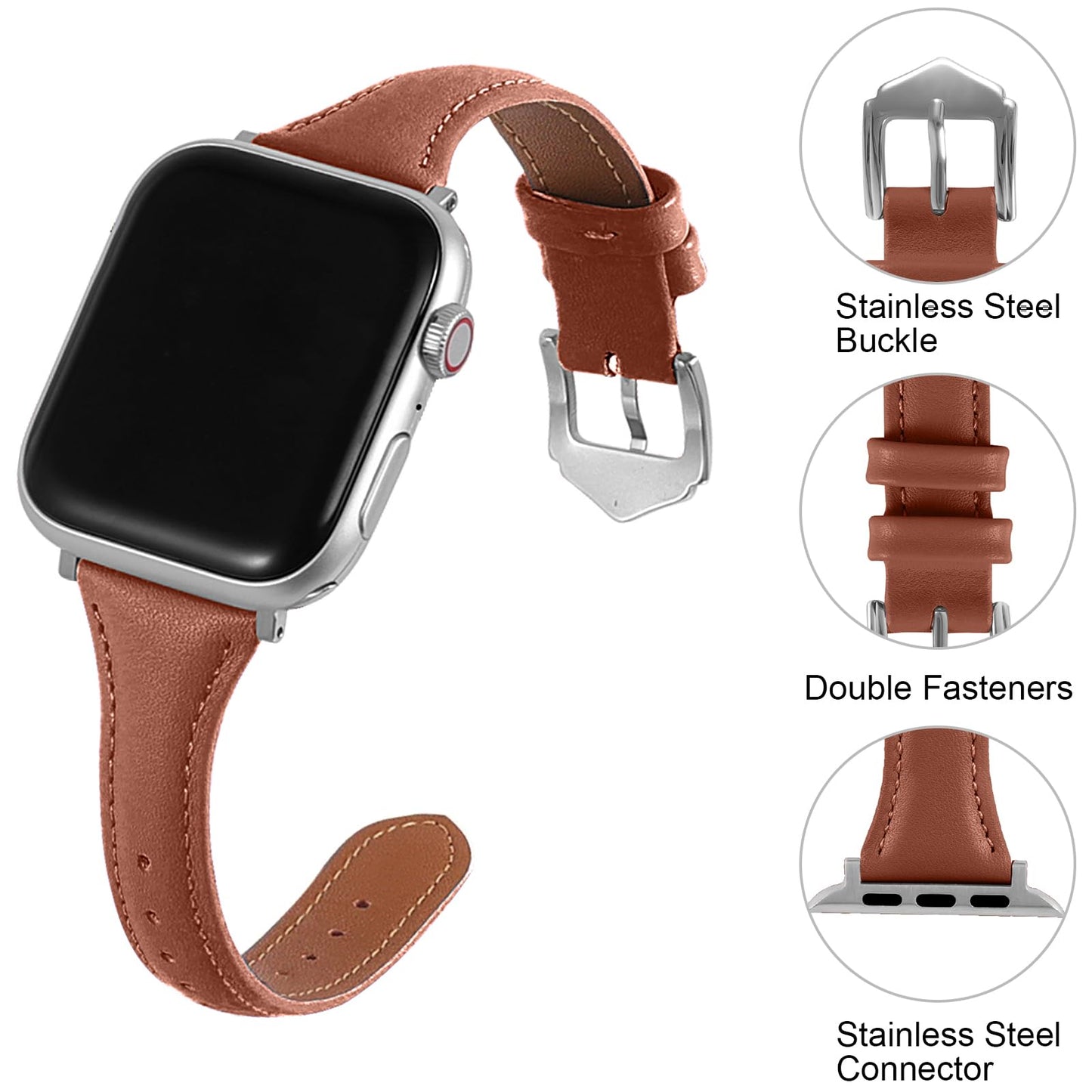 Slim Soft Genuine Leather Bands Compatible with Apple Watch Band 38mm 40mm 41mm 42mm for Women, Dressy Durable Leather Replacement Strap for iWatch SE1/2/3 11 10 9 8 7 6 5 4 3 2 1