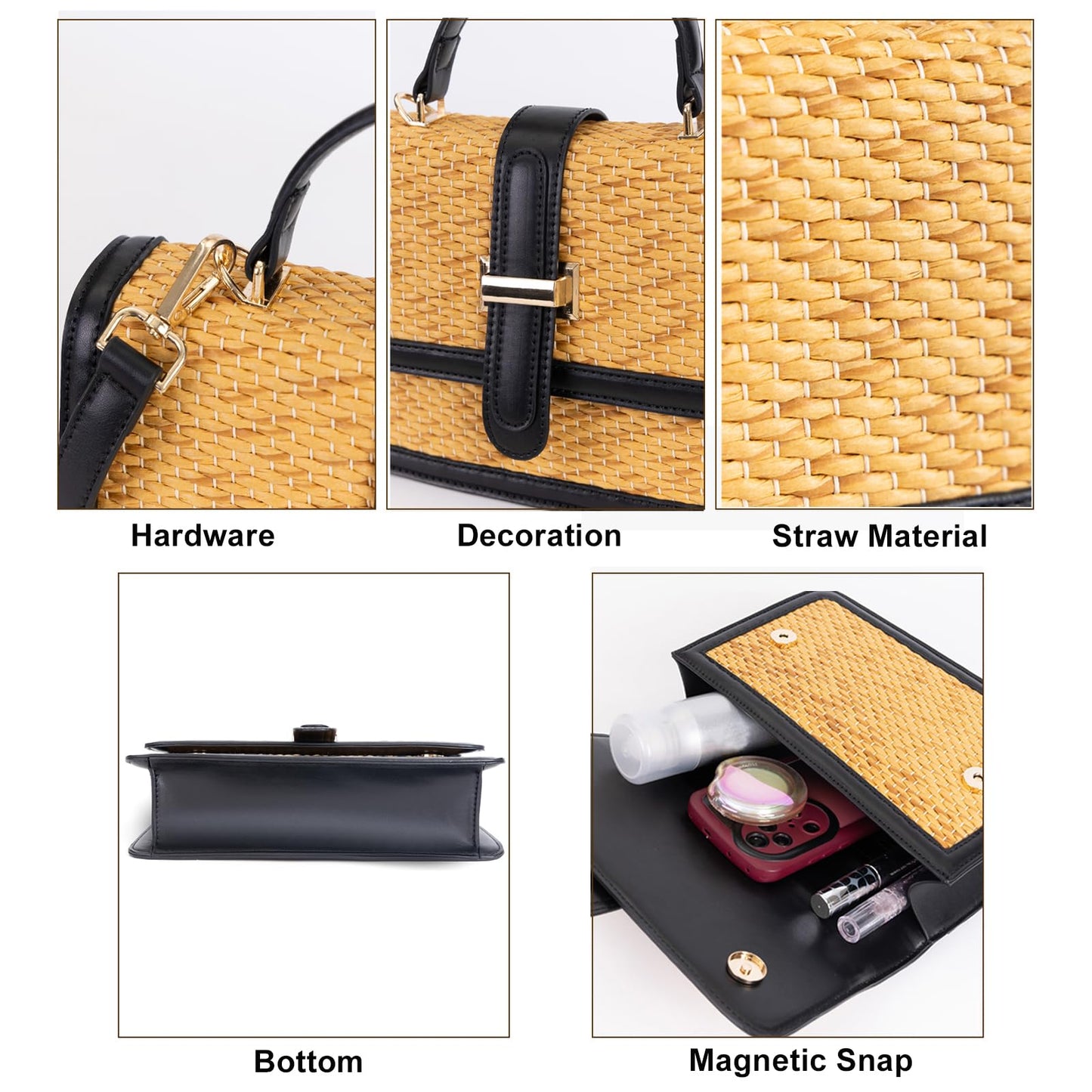 boshiho Women's Straw Crossbody Shoulder Bag Woven Raffia-Style Beach Purse Top Handle Satchel Handbag for Summer Vacation (Black)