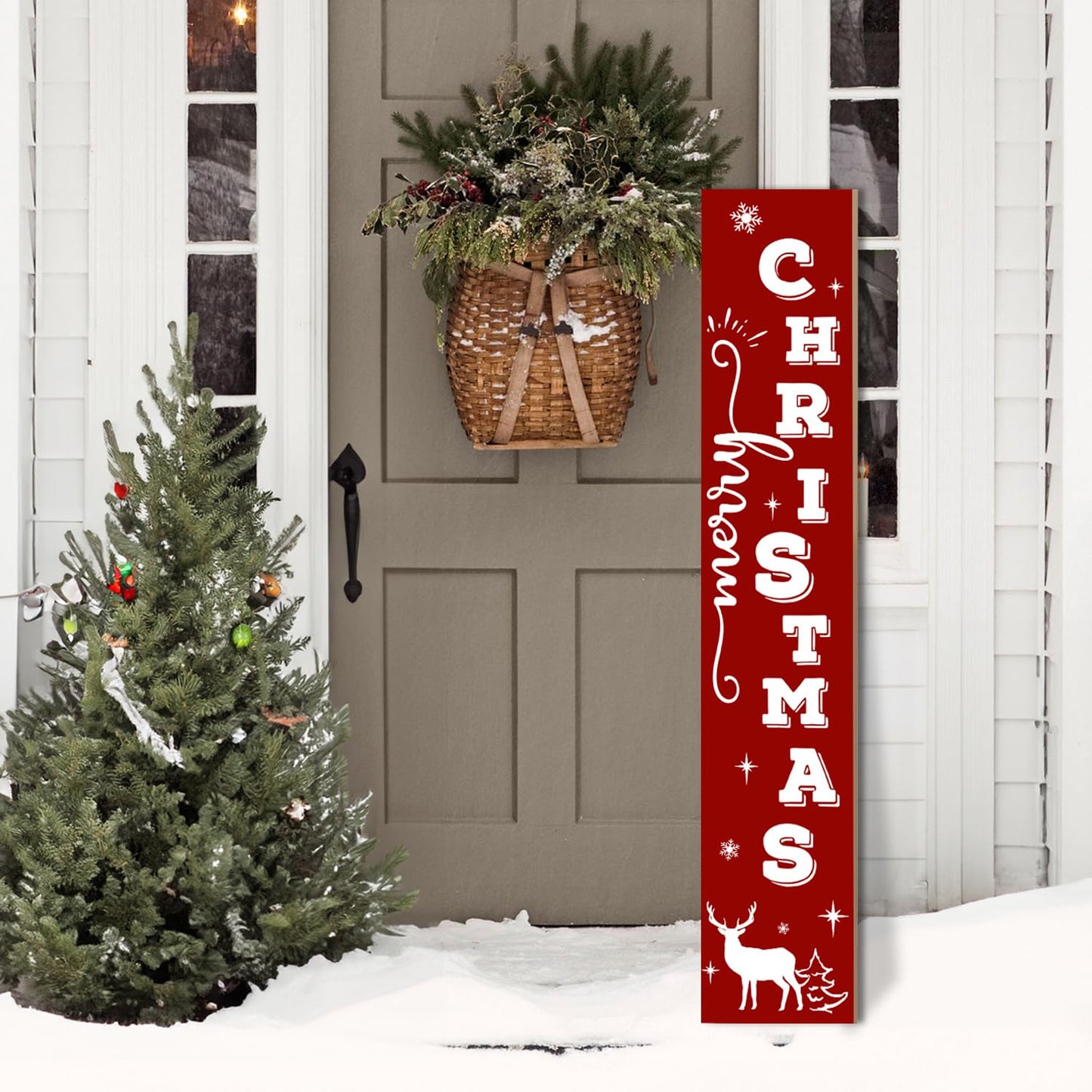 Merry Christmas Wooden Welcome Sign Vertical Porch Sign - Reindeer Snowflake Forest Wooden Wall Art Sign - Christmas Hanging Signs Decorations for Front Door Wall Display，47.2" H