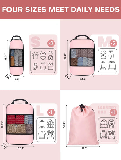 SDGFUI 6 PCS Set Compression Packing Cubes for Travel, Lightweight Packing Organizer Bags Travel Essentials for Carry On, Suitcase, Home Closet - Pink