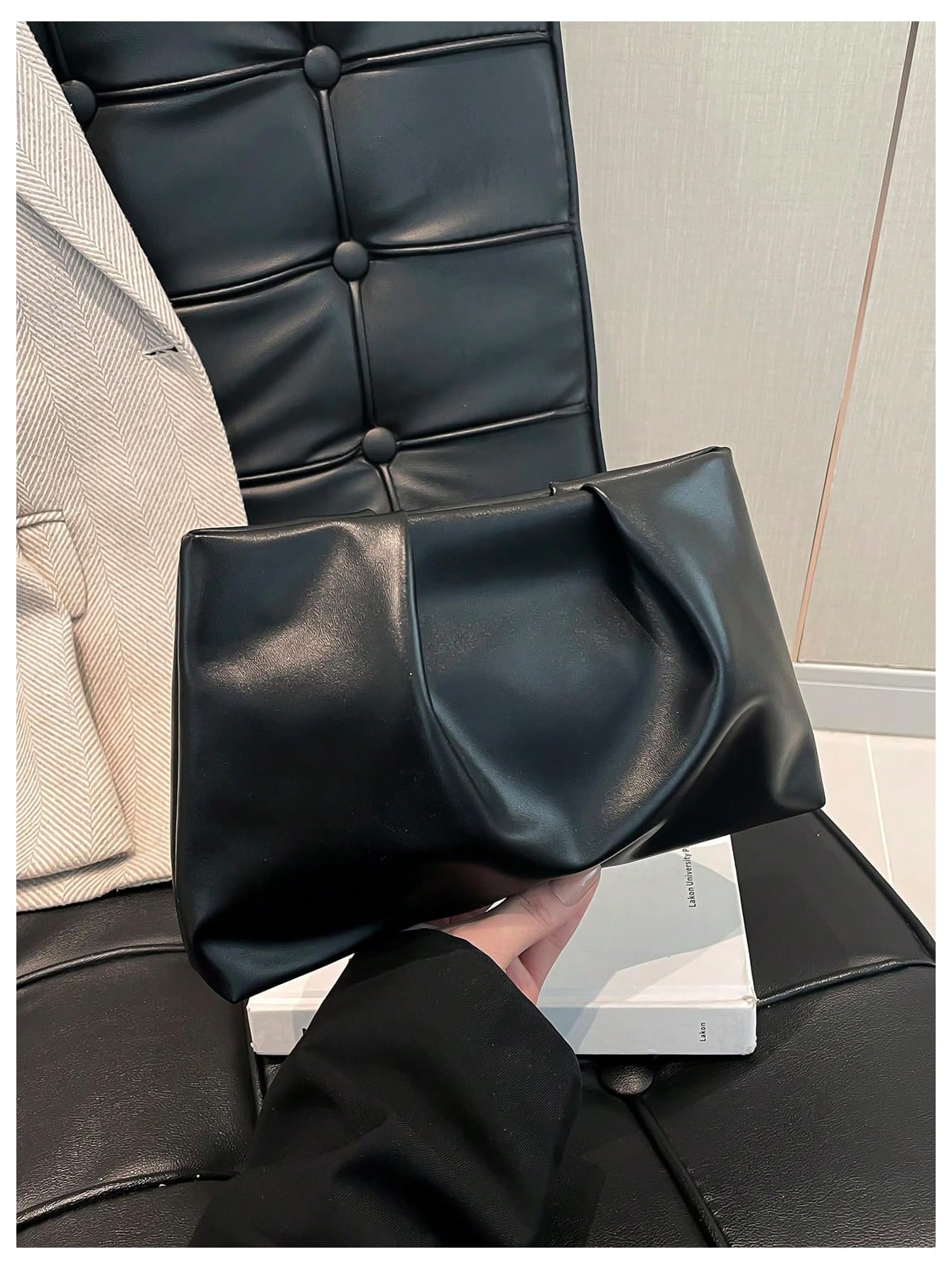 OYOANGLE Women's PU Leather Clutch Purses Small Zipper Ruched Minimalist Handbag Black One Size