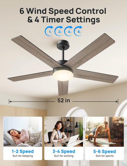 VanBoLon Ceiling Fans with Lights 52 Inch Outdoor, Ceiling Fan with Remote Control & Light, 52" Ceiling Fan Flush Mount with Dimmable LED DC Reversible Motor for Bedroom, Living Room, Patios