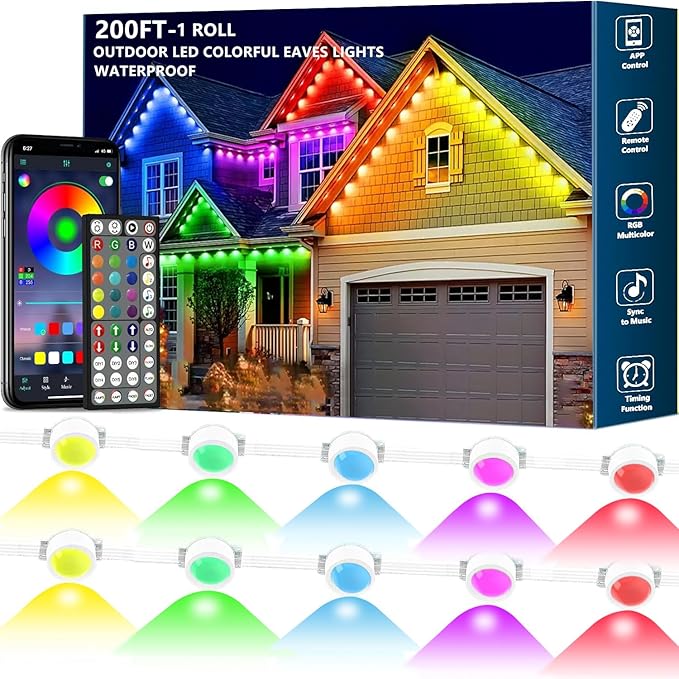 200FT Permanent Outdoor RGB Lights,IP67 Waterproof Smart LED Eaves Lights with App/Remote Control,for Christmas and All Holiday Decor,Daily and Accent Lighting,House Roof and Garden Lighting
