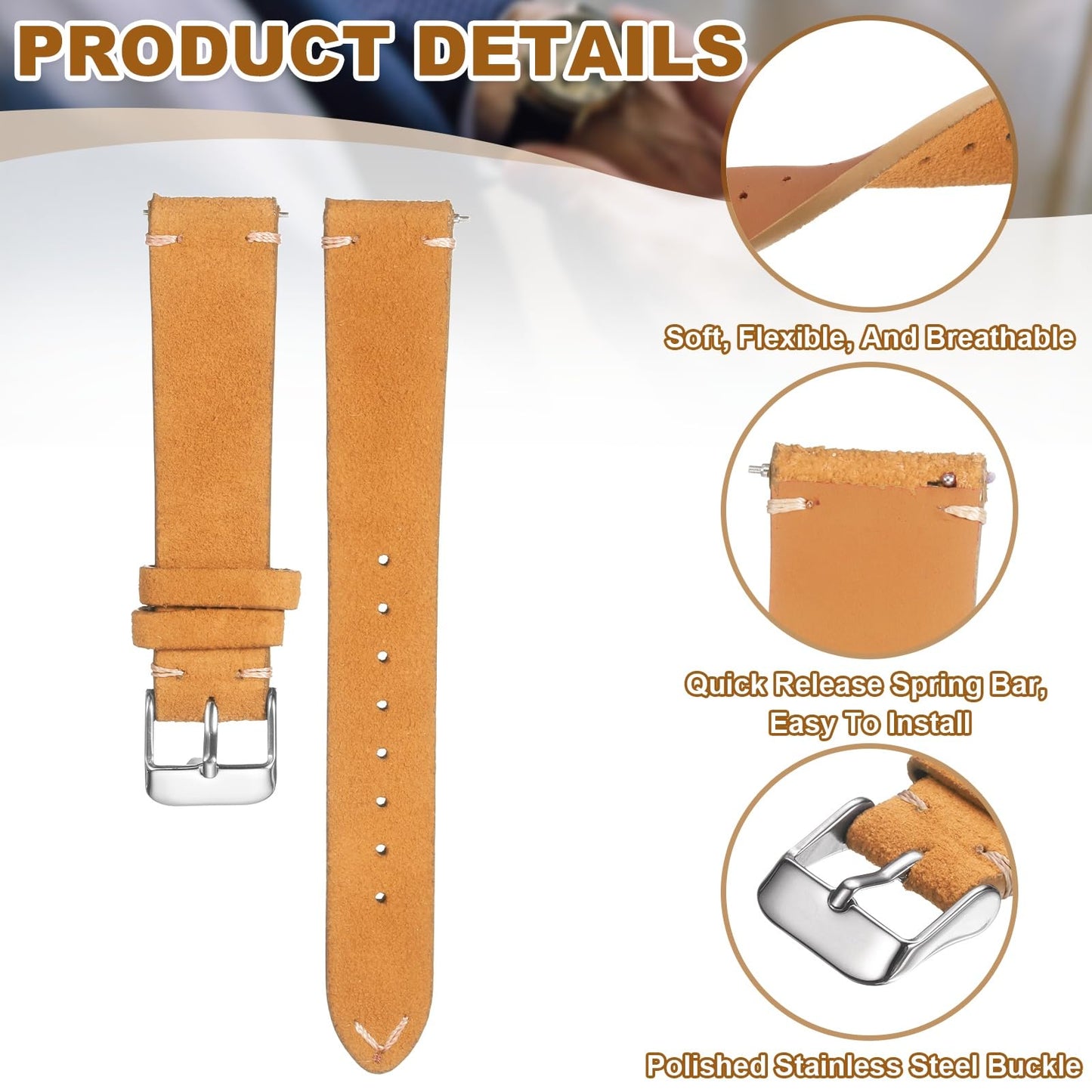 HARFINGTON Leather Watch Band 19mm Width Watch Strap Top-Grain Suede Cowhide Wrist Bands Replacement with Stainless Steel Buckle for Men Women, Light Brown