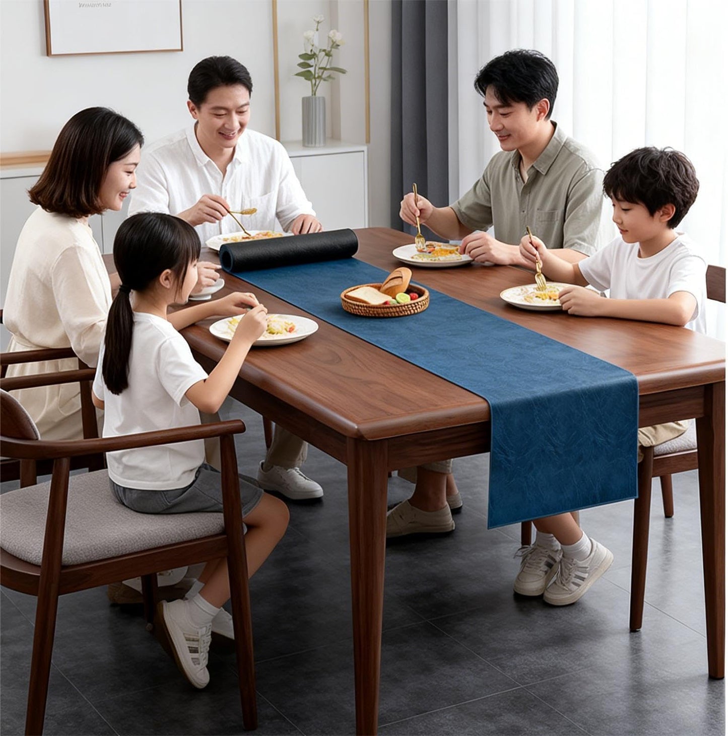 Double-Sided Faux Leather Table Runner, Blue & Black Reversible, Waterproof Heat Resistant Non-Slip Wipeable Oil-Proof Tablecloth, for Dining/Coffee/TV Stand/Dresser 13x72 inch