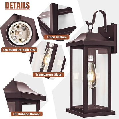 Dusk to Dawn Outdoor Wall Sconces Bronze 2-Pack 17 Inch Large, IP65 Waterproof Exterior Light Fixtures Porch Lights Brown with Clear Tempered Glass E26 Outdoor Light Fixture Anti-Rust