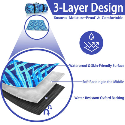 PY SUPER MODE Picnic Blankets Extra Large, Waterproof Foldable Outdoor Beach Blanket Oversized 83x79” Sandproof, 3-Layer Picnic Mat for Camping, Hiking, Travel, Park, Concerts(Blue Leaves)