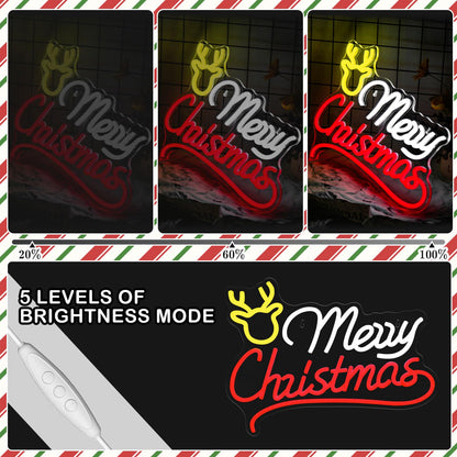 Mvorixa Merry Christmas Neon Sign, Reindeer Neon Sign – LED Light Up Christmas Sign, Home Living Room Wall Decor, Xmas Neon Signs, 15.91x11.85in, USB Powered, Adjustable Brightness