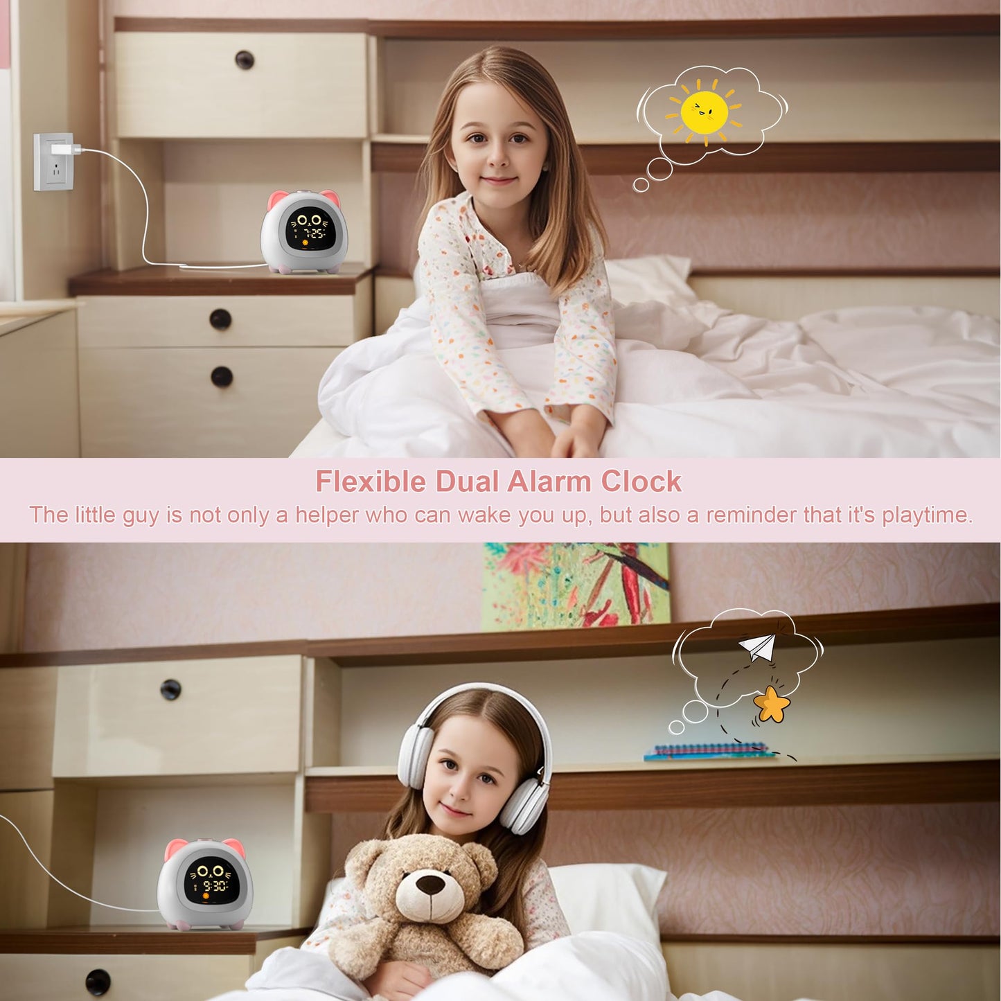 ANALOI Alarm Clock for Kids, Ok to Wake Clock for Kids with Eye Protection Sleep Training Auto Off Feature 10 Night Light Dual Alarm for Bedroom, Kids Alarm Clock Pink Cat Gifts for Girls