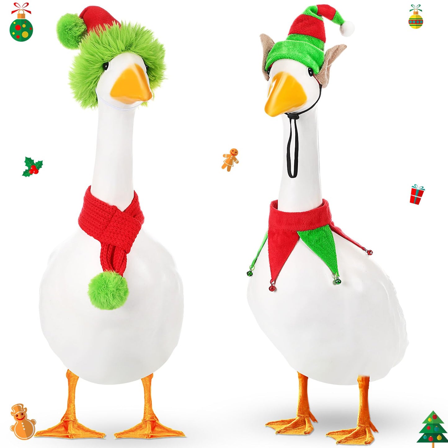 Dansydaisy 2 Set Christmas Porch Goose Outfits Santa Goose Clothes Xmas Hat Scarf for Cement Duck 23"/ 17'' Lawn Garden Christmas Party Patio Yard Outdoor (Playful)