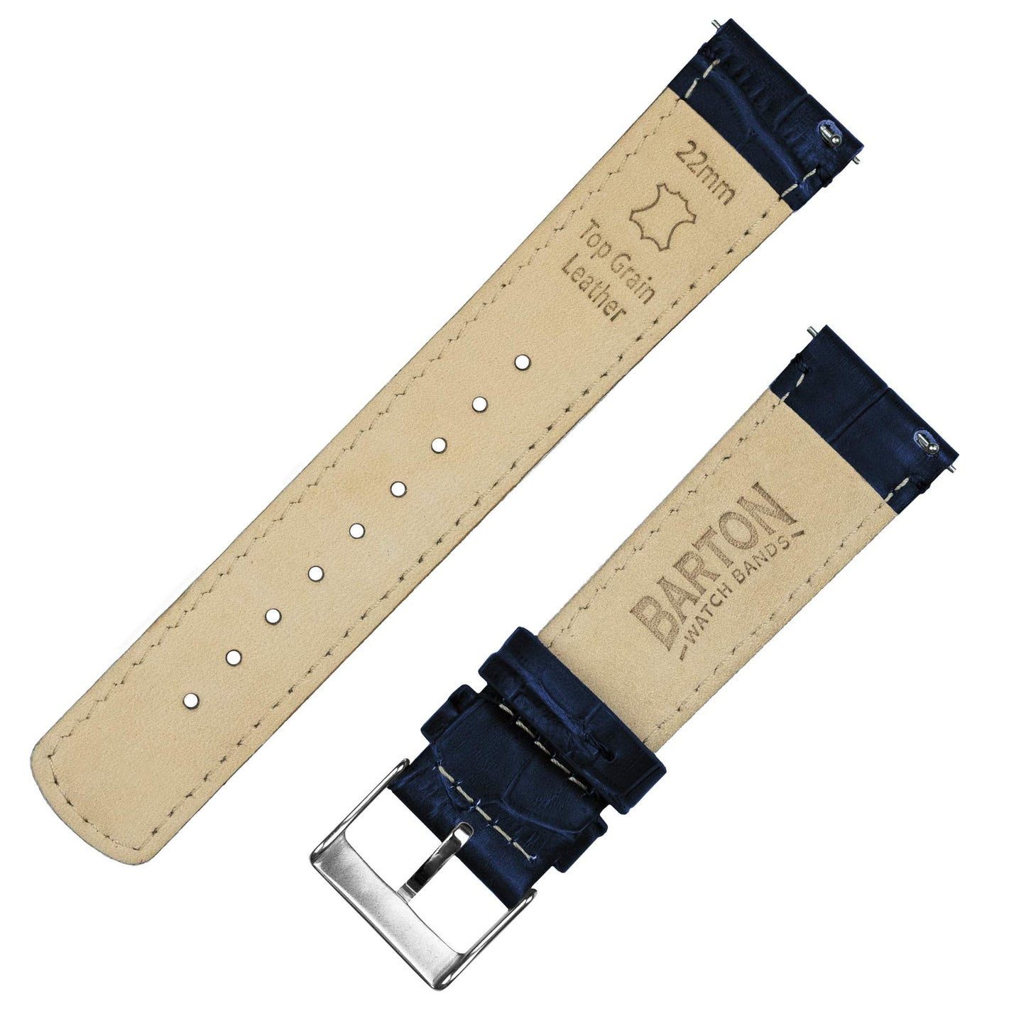 BARTON WATCH BANDS Alligator Grain Cowhide Leather - Quick Release Leather Watch Bands, Standard Length, Navy Blue & Stainless Steel Buckle, 22mm
