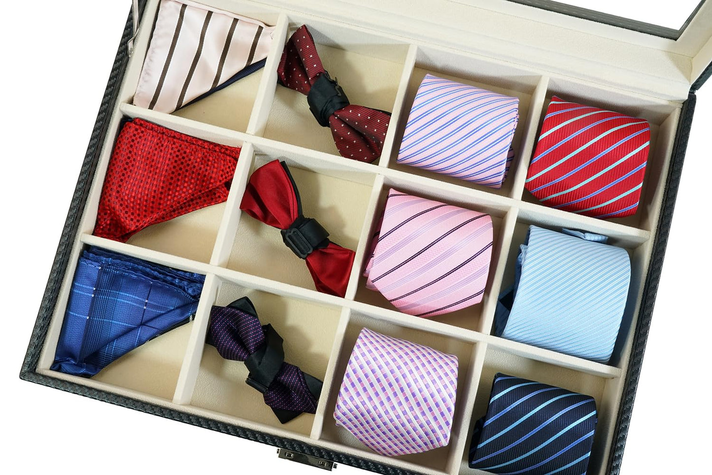 TIMELYBUYS Tie Display Case for 12 Ties, Belts, and Men's Accessories Black Carbon Fiber Storage Box Father's Day