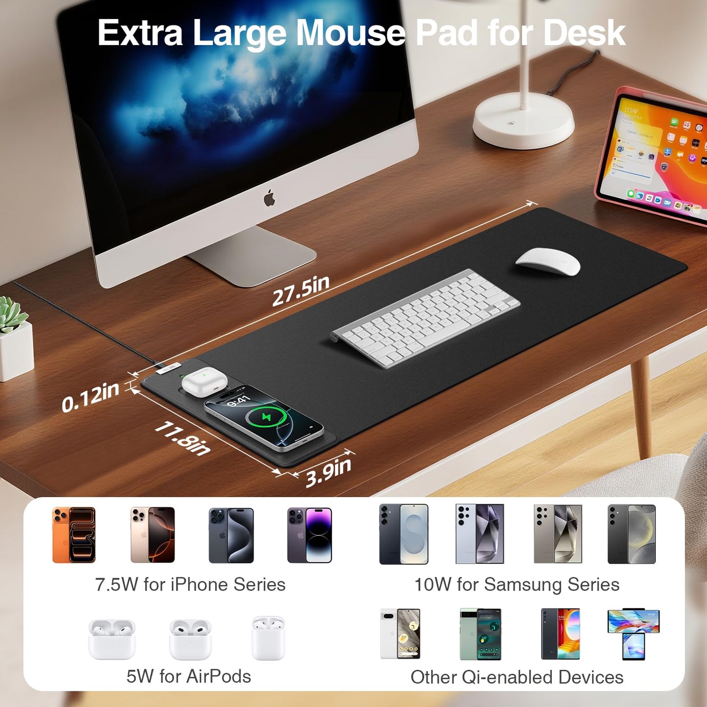 Magnetic Wireless Charging Mouse Pad, 27.5"x11.8" Gaming Desk Mat with Superior Stitched Edges, Non-Slip Base, Waterproof Smooth Desk Writing Pad for Gamer, Office & Home, Black
