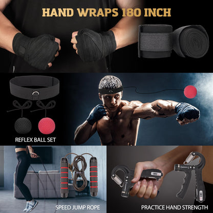 xffzroom Punching Bag for Adults, 4ft PU Leather 6 in 1 Heavy Boxing Bag Set, Punching Bag with 12oz Boxing Gloves, Hand Wraps, Hanging Bag for MMA Karate Kickboxing Muay Thai Boxing Home - Unfilled