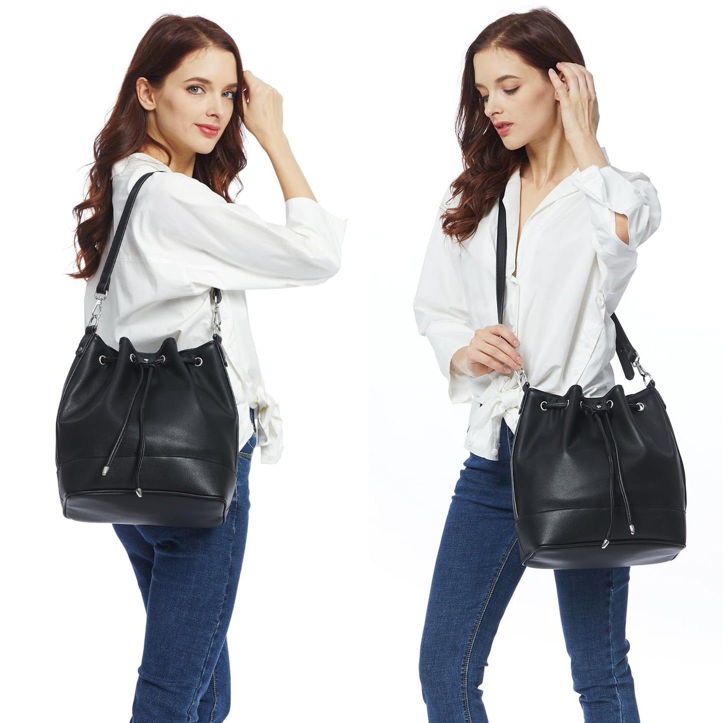 AFKOMST Leather Bucket Bags and Drawstring Crossbody Purse for Women Medium Tote and Hobo Handbags with 2 Shouder Straps