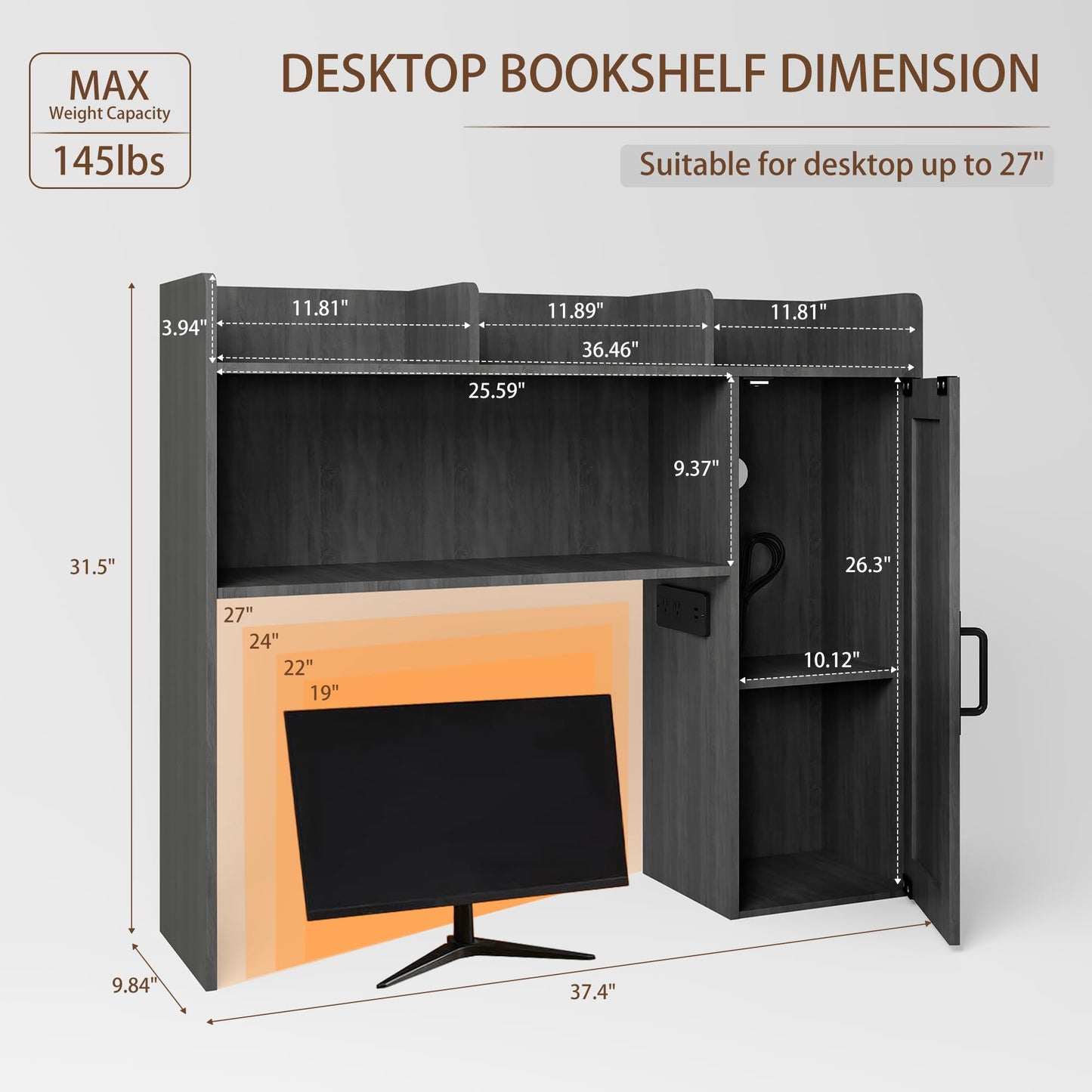 Homiflex Desktop Bookshelf, Wooden Desk Hutch with LED Lights, Desktop Shelf with 6 Shelves and Power Outlets, Office Desk Organizer, Over Desk Storage Shelves for Dorm, Home, Grey