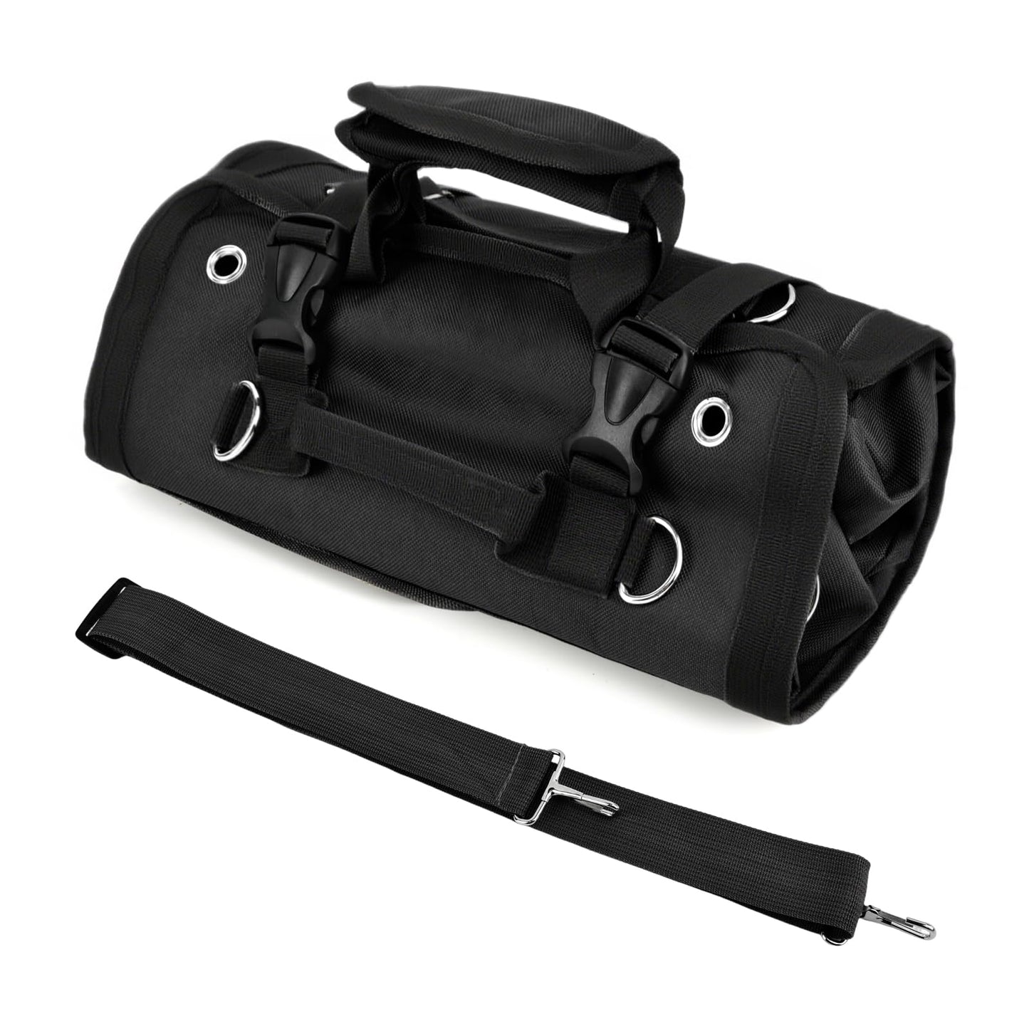 Roll Up Tool Bag, Heavy-Duty Waterproof Tool Roll Organizer with 4 Compartments and 2 Detachable Zipper Pouches, Compact Tool Storage for Mechanics, Electricians, RV and Motorcycle (Black)